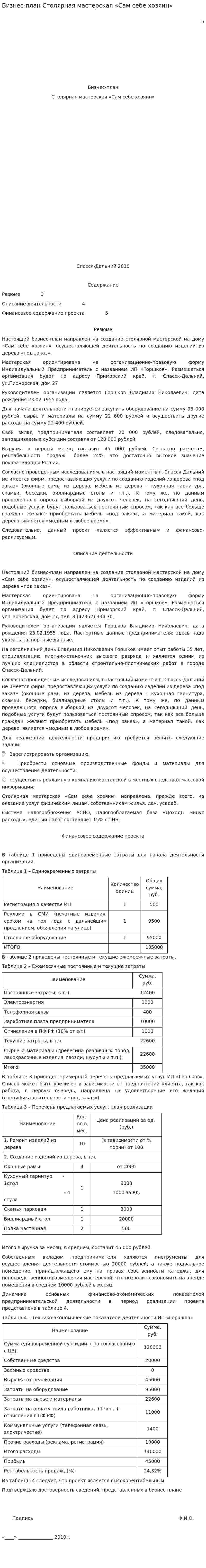 Бизнес-план Столярная мастерская «Сам себе хозяин»