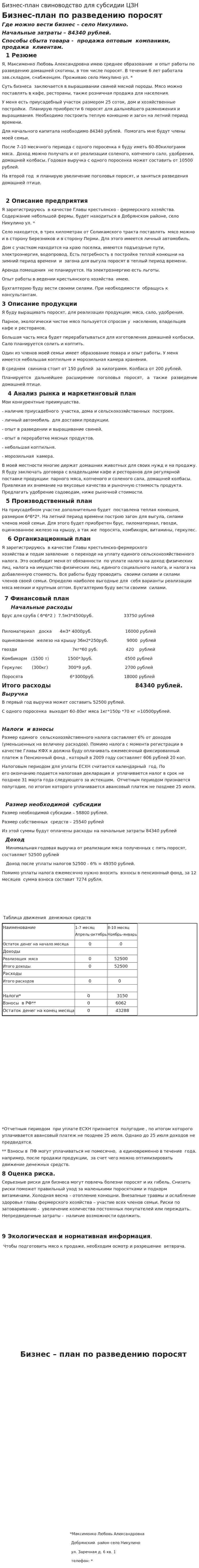 Бизнес-план свиноводство для субсидии ЦЗН