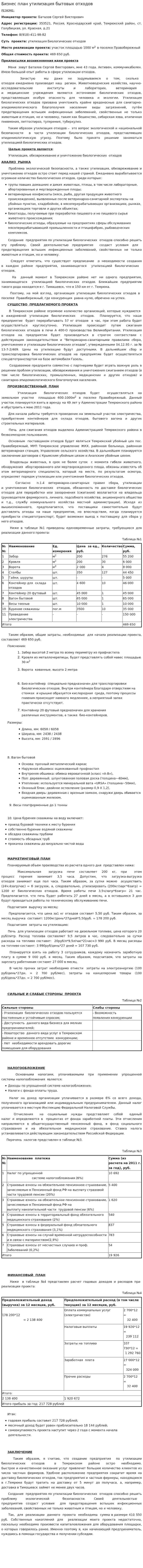 Бизнес план утилизация бытовых отходов
