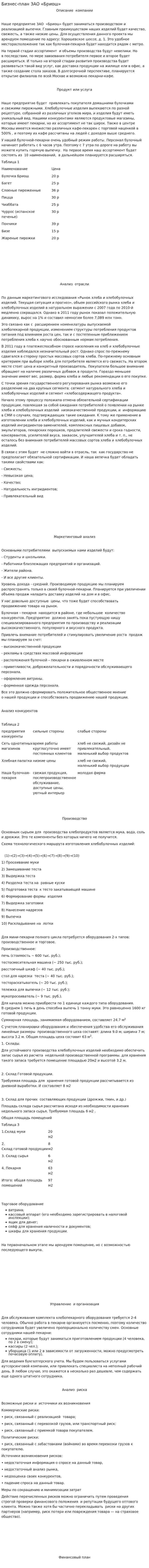 Бизнес-план ЗАО «Бриош»
