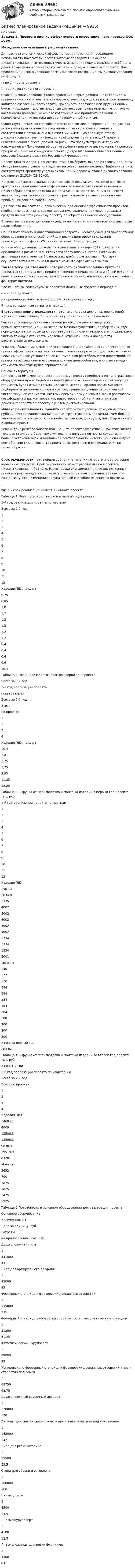     
          Описание
           Задача 1. Провести оценку эффективности инвестиционного проекта ООО «ХХХ»   Методические указания к решению задачи	Для расчета экономической эффективности инвестиций необходимо использовать показатели, расчет которых проводится на основе дисконтирования, что позволяет учесть изменение покупательной способности денег во времени и сопоставлять затраты и доходы разных лет проекта. Для проведения дисконтирования рассчитываются коэффициенты дисконтирования по формуле: 	 ,	где d - норма дисконта,	 t – год инвестиционного проекта.	Ставка дисконтирования (ставка сравнения, норма дохода) — это стоимость привлеченного капитала, т.е. ставка ожидаемого дохода, при котором владелец капитала согласен инвестировать. Доходность депозитов или других ценных бумаг, инфляция и другие подобные финансовые показатели являются только косвенными данными, на основе которых можно принимать решение о приемлемом для инвестора доходе на вложенный капитал. 	Существует несколько способов расчета ставки дисконтирования. Для расчета используем кумулятивный метод оценки ставки дисконтирования, в соответствии с которым она включает минимальную реальную ставку дисконтирования; темп инфляции; коэффициент, учитывающий уровень инвестиционного риска (премия за риск), что предусмотрено методикой, изложенной в «Положении об оценке эффективности инвестиционных проектов при размещении на конкурсной основе централизованных инвестиционных ресурсов бюджета развития Российской Федерации».	Проект длится 2 года. Процентная ставка выбираем, исходя из ставки процента обслуживающего банка по кредитам на инвестиционные цели. Надбавка за риск соответствует среднему уровню риска. Таким образом, ставка дисконтирования составляет 21,52% (18,82+3).	На основе дисконтирования рассчитываются показатели, которые являются критериями экономической эффективности и позволяют сделать вывод о целесообразности реализации инвестиционных проектов. К ним относятся чистая текущая стоимость проекта, срок окупаемости, внутренняя норма прибыли, индекс рентабельности.	Для расчета показателей, применяемых для оценки эффективности проектов, необходимо рассчитать дисконтированную величину притоков денежных средств по инвестиционному проекту приобретения нового оборудования. 	В качестве притоков денежных средств по проекту принимается прибыль после налогообложения. 	Общая потребность в инвестиционных затратах, необходимых для приобретения оборудования и приспособлений для реализации проекта создания производства профиля ООО «ХХХ» составит 1798,6 тыс. руб.	Оплата оборудования проводится в два этапа: в январе 2017 г. вносится предоплата в размере 50% стоимости оборудования, остальная сумма выплачивается в течение 3 банковских дней после поставки. Поставка осуществляется в течение 60 дней с момента оформления заказа. Чистая текущая стоимость – это разность дисконтированных притоков денежных средств за весь период жизненного цикла проекта и общей величины инвестированного капитала, приведенное в сопоставимый вид в соответствии с фактором времени.  		Где Pt – объем генерируемых проектом денежных средств в периоде t;	        d – норма дисконта;	        n - продолжительность периода действия проекта, годы;	        It – инвестиционные затраты в период t    Внутренняя норма доходности – это такая ставка дисконта, при которой эффект от инвестиций, т.е. чистая текущая стоимость, равна нулю. 		Так как для определения внутренней нормы доходности чаще всего применяется итерационный метод, то можно осуществить подбор таких двух норм дисконта, которые дают соответственно положительную и отрицательную чистую текущую стоимость. Уровень внутренней нормы доходности рассчитывается по формуле:		Если ВНД больше минимальной установленной рентабельности инвестиций, то проект эффективен, а чистая текущая стоимость при этом будет положительна. Если ВНД меньше установленной минимальной рентабельности инвестиций, то проект не эффективен и его реализация не целесообразна, а чистая текущая стоимость при этом будет отрицательна.    
          Список литературы
          Для расчета ВНД мер по инвестиционному проекту приобретения типографского оборудования нужно подобрать норму дисконта, при которой чистая текущая стоимость будет отрицательна. Согласно модели Гордона норма дисконта подбирается произвольно, основное требование получение отрицательной чистой текущей стоимости. Поэтому примем норму дисконта 70% и рассчитаем коэффициенты дисконтирования, инвестированный капитал и притоки денежных средств по проекту с учетом дисконтирования.Индекс рентабельности проекта характеризует уровень доходов на один рубль инвестированного капитала, т.е. эффективность вложений – чем больше значение этого показателя, тем выше отдача каждого рубля, инвестированного в данный проект.Если индекс рентабельности больше 1, то проект эффективен. При этом чистая текущая стоимость будет положительна, а внутренняя норма доходности больше установленной минимальной рентабельности инвестиций. Если индекс рентабельности меньше 1, то проект не эффективен и его реализация не целесообразна.Срок окупаемости – это период времени, в течении которого инвестор вернет вложенные средства. Срок окупаемости может рассчитываться с учетом дисконтирования и без него. Расчет срока окупаемости для инвестиционных проектов рекомендуется проводить с учетом дисконтирования, так как это позволяет учесть изменение покупательной способности денег во времени.  ,	где Т – срок реализации инвестиционного проекта.Таблица 1 План производства окон в первый год проекта  1-й год реализации проекта по месяцам Всего за 1-й год   1 2 3 4 5 6 7 8 9 10 11 12   Изделия ПВХ, тыс. шт. 0,75 0,85 1,0 1,2 1,2 1,2 1,2 1,2 0,4 0,4 0,4 0,6 10,4 Таблица 2 План производства окон во второй год проекта  Всего за 1-й год 2-й год реализации проектапоквартально Всего за 2-й год Всегопо проекту   1 2 3 4   Изделия ПВХ, тыс. шт. 10,4 1,4 3,75 3,75 2,95 11,85 22,25 Таблица 3 Выручка от производства и монтажа изделий в первый год проекта, тыс. руб.  1-й год реализации проекта по месяцам   1 2 3 4 5 6 7 8 9 10 11 12   Изделия ПВХ 2501,3 2834,8 3335 4002 4002 4002 4002 4002 1334 1334 1334 2001   Монтаж 240 272 320 384 384 384 384 384 200 200 200 300   Итого за первый год 38336,1 Таблица 4 Выручка от производства и монтажа изделий во второй год проекта, тыс. руб.  Итого 1-й год 2-й год реализации проекта по квартально Всего за 2-й год Всего по проекту   1 2 3 4   Изделия ПВХ 34684,1 4669 12506,3 12506,3 9838,3 39519,9 83781   Монтаж  3652 700 1875 1875 1475 5925 Таблица 5 Потребность в основном оборудовании для реализации проекта  Основное оборудование  Количество, шт. Цена за единицу, руб. Затратына приобретение, тыс. руб.   Двухголовочная пила 1 531000 431   Пила для армирующего профиля 1 95000 95   Фрезерный станок для фрезеровки дренажных отверстий 1 135000 135   Фрезерный станок для обработки торца импоста с автоматическим приводом 1 51250 51,25   Автоматический шуруповерт 1 29000 29   Копировально-фрезерный станок для фрезеровки дренажных отверстий, паза и отверстий под замок 1 68750 68,75   Двухголовочный сварочный автомат 1 320000 320   Автомат для снятия сварного наплыва и зачисткой паза под уплотнение 1 142000 142   Пила для резки штапика 1 55500 55,5   Стенд для сборки и остекления 1 160000 160   Пневмодрель  3 4500 13,5   Пневмошуруповерт  3 4100 12,3   Пневмоножницы для резки фурнитуры 2 4300 8,6 
            
            
            Бизнес-планирование - задание 10Бизнес планирование задачиБизнес-планирование ММУ 2023г.Бизнес-планирование на автомобильном транспорте Бизнес-планирование на предприятииБизнес-планирование на предприятии (3.6 - ЭП - Э.3.20) СИБУПК Бизнес-планирование на предприятиях туризма Ответы на тесты 1-3 и Итоговое тестирование Витте МУИВБизнес-логистика Синергия Тест с ответами 2022Бизнес моделиБизнес-планБизнес-план и его составляющиеБИЗНЕС-ПЛАНИРОВАНИЕ✅ Бизнес-планирование 248 вопросов 2022Бизнес-планирование 7 семестр (тест с ответами) 70%