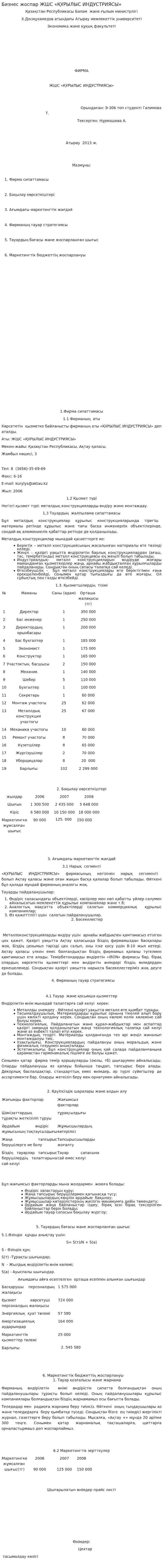 Бизнес жоспар ЖШС «ҚҰРЫЛЫС ИНДУСТРИЯСЫ». 2