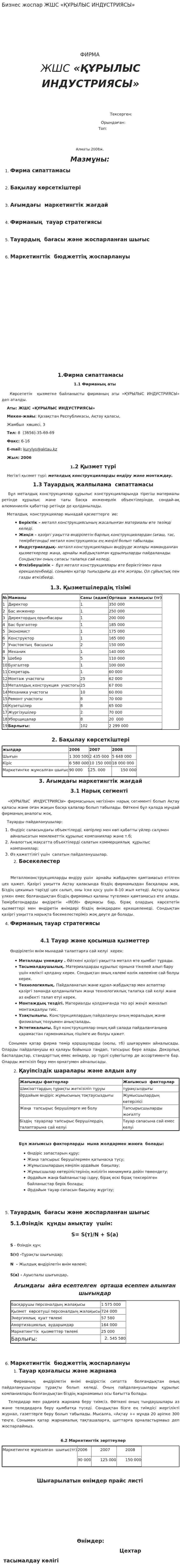 Бизнес жоспар ЖШС «ҚҰРЫЛЫС ИНДУСТРИЯСЫ»