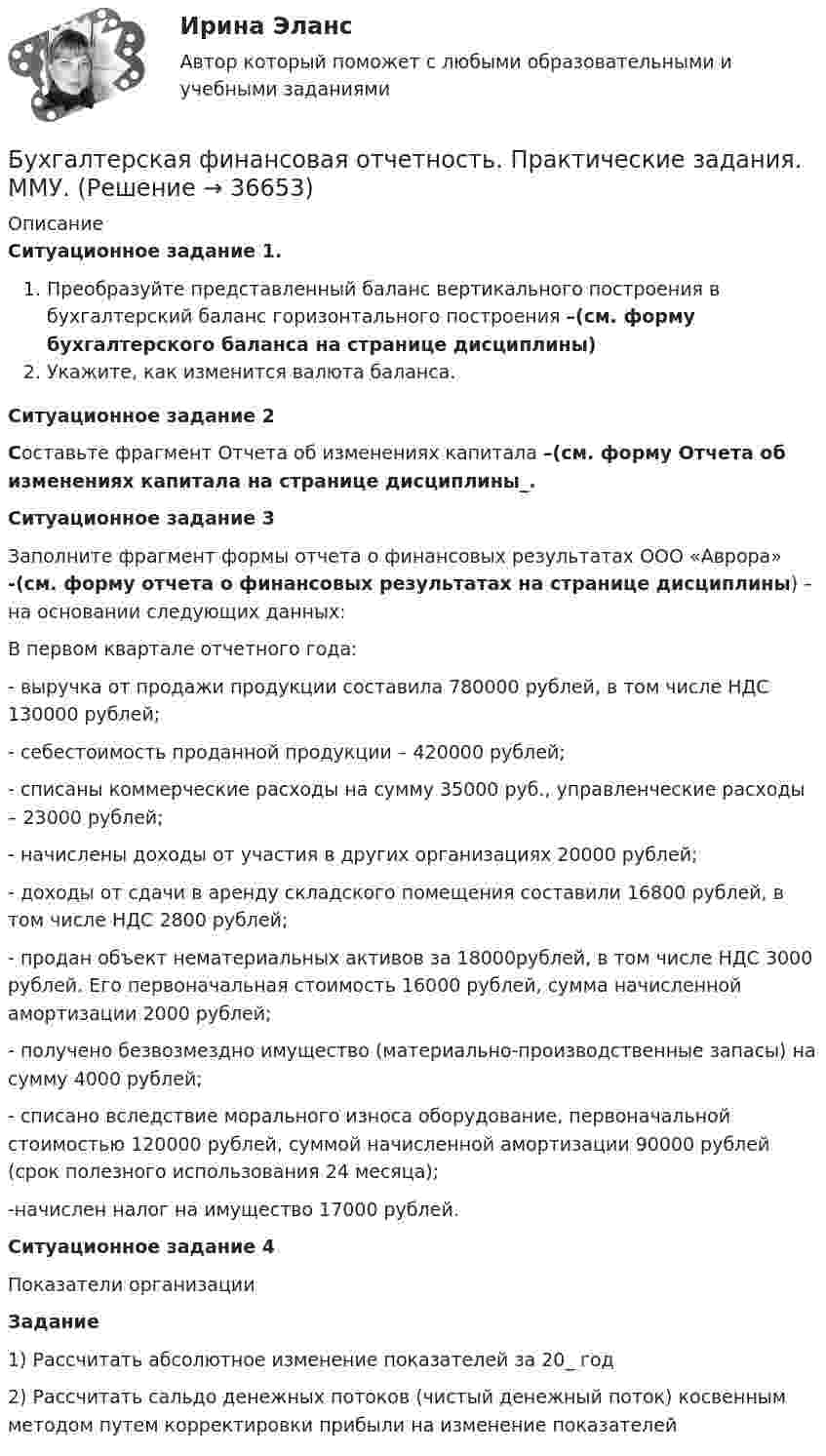      
          Описание
          Ситуационное задание 1. Преобразуйте представленный баланс вертикального построения в бухгалтерский баланс горизонтального построения –(см. форму бухгалтерского баланса на странице дисциплины)Укажите, как изменится валюта баланса.Ситуационное задание 2Составьте фрагмент Отчета об изменениях капитала –(см. форму Отчета об изменениях капитала на странице дисциплины_.Ситуационное задание 3Заполните фрагмент формы отчета о финансовых результатах ООО «Аврора» -(см. форму отчета о финансовых результатах на странице дисциплины) – на основании следующих данных:	В первом квартале отчетного года:	- выручка от продажи продукции составила 780000 рублей, в том числе НДС 130000 рублей; 	- себестоимость проданной продукции – 420000 рублей;	- списаны коммерческие расходы на сумму 35000 руб., управленческие расходы – 23000 рублей;	- начислены доходы от участия в других организациях 20000 рублей;	- доходы от сдачи в аренду складского помещения составили 16800 рублей, в том числе НДС 2800 рублей;	- продан объект нематериальных активов за 18000рублей, в том числе НДС 3000 рублей. Его первоначальная стоимость 16000 рублей, сумма начисленной амортизации 2000 рублей;	- получено безвозмездно имущество (материально-производственные запасы) на сумму 4000 рублей;	- списано вследствие морального износа оборудование, первоначальной стоимостью 120000 рублей, суммой начисленной амортизации 90000 рублей (срок полезного использования 24 месяца);	-начислен налог на имущество 17000 рублей.Ситуационное задание 4Показатели организацииЗадание1) Рассчитать абсолютное изменение показателей за 20_ год2) Рассчитать сальдо денежных потоков (чистый денежный поток) косвенным методом путем корректировки прибыли на изменение показателей  
            
            
            💯 Бухгалтерская (финансовая) отчетность (правильные ответы на тест Синергия / МОИ / МТИ / МосАП, август 2023)Бухгалтерская финансовая отчетность. Практические задания. ММУ.Бухгалтерская (финансовая) отчетность. Синергия. Ответы на ИТОГОВЫЙ ТЕСТ. На отлично!Бухгалтерская (Финансовая) отчетность (тест с ответами ММА/ИДО)Бухгалтерская финансовый отчетность виттебухгалтерские информационные системыБухгалтерские информационные системы Бухгалтерская (финансовая) отчетность в коммерческих организациях.фэ_МАГ. Синергия. Ответы на ИТОГОВЫЙ ТЕСТ. На отлично!⭐ Бухгалтерская (финансовая) отчетность (все ответы на тест Синергия / МТИ / МосАП, апрель 2023)Бухгалтерская финансовая отчетность ММУ 2023г.💯 Бухгалтерская (финансовая) отчетность (ответы на тест Синергия / МОИ / МТИ / МосАП, декабрь 2023)💯 Бухгалтерская (финансовая) отчетность (ответы на тест Синергия / МОИ / МТИ / МосАП, ноябрь 2023)⭐ Бухгалтерская (финансовая) отчетность (ответы на тест Синергия / МТИ / МосАП, июль 2022)⭐ Бухгалтерская (финансовая) отчетность (ответы на тест Синергия / МТИ / МосАП, сентябрь 2022)