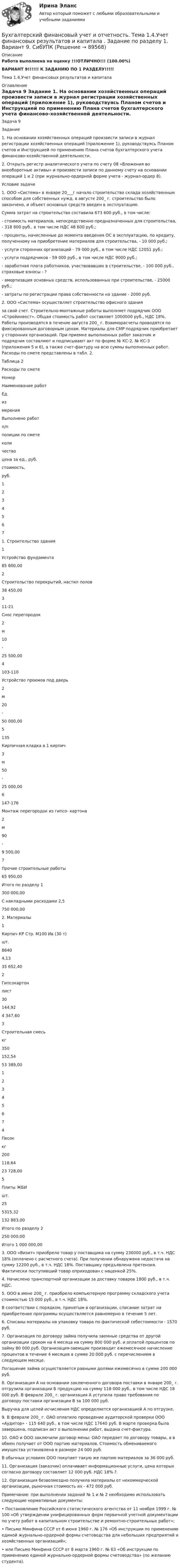     
            Описание
            Работа выполнена на оценку !!!ОТЛИЧНО!!! (100.00%)ВАРИАНТ 9!!!!!! К ЗАДАНИЮ ПО  1 РАЗДЕЛУ!!!!! Тема 1.4.Учет финансовых результатов и капитала 
            Оглавление
            	Задача 9	Задание	1.       На основании хозяйственных операций произвести записи в журнал регистрации хозяйственных операций (приложение 1), руководствуясь Планом счетов и Инструкцией по применению Плана счетов бухгалтерского учета финансово-хозяйственной деятельности.	2.       Открыть регистр аналитического учета по счету 08 «Вложения во внеоборотные активы» и произвести записи по данному счету на основании операций 1 и 2 (при журнально-ордерной форме учета - журнал-ордер 8).	Условие задачи	1.       ООО «Система» в январе 20___г начало строительство склада хозяйственным способом для собственных нужд, в августе 200_ г. строительство было закончено, и объект основных средств введен в эксплуатацию.	Сумма затрат на строительство составила 673 600 руб., в том числе:	-           стоимость материалов, непосредственно предназначенных для строительства, - 318 600 руб., в том числе НДС 48 600 руб.;	-           проценты, начисленные до момента введения ОС в эксплуатацию, по кредиту, полученному на приобретение материалов для строительства, - 10 000 руб.;	-               услуги сторонних организаций - 79 000 руб., в том числе НДС 12051 руб.;	-               услуги подрядчиков - 59 000 руб., в том числе НДС 9000 руб.;	-               заработная плата работников, участвовавших в строительстве, - 100 000 руб., страховые взносы - ?	-               амортизация основных средств, использованных при строи­тельстве, - 25000 руб.;	-               затраты по регистрации права собственности на здание - 2000 руб.	2.          ООО «Система» осуществляет строительство офисного здания	за свой счет. Строительно-монтажные работы выполняет подрядчик ООО «Стройинвест». Общая стоимость работ составляет 1000000 руб., НДС 18%. Работы производятся в течение августа 200_ г. Взаиморасчеты проводятся по фиксированным договорным ценам. Материалы для СМР подрядчик приобретает у сторонних организаций. При приемке выполненных работ заказчик и подрядчик составляют и подписывают акт по форме № КС-2, № КС-3 (приложения 5 и 6), а также счет-фактуру на всю суммы выполненных работ. Расходы по смете представлены в табл. 2.	Таблица 2	Расходы по смете   	Номер 	Наименование работ 	Ед.	из	мерения 	Выполнено работ   	п/п 	позиции по смете 	коли	чество 	цена за ед., руб. 	стоимость,	руб.   	1 	2 	3 	4 	5 	6 	7   	1. Строительство здания       	1  	Устройство фундамента    	85 600,00   	2  	Строительство перекрытий, настил полов    	38 450,00   	3 	11-21 	Снос перегородок 	2	м 	10 	- 	25 500,00   	4 	103-110 	Устройство проемов под дверь 	2	м 	20 	- 	50 000,00   	5 	135 	Кирпичная кладка в 1 кирпич 	3	м 	50 	- 	25 000,00   	6 	147-176 	Монтаж перегородок из гипсо- картона 	2	м 	90 	- 	9 500,00   	7  	Прочие строительные работы    	65 950,00   	Итого по разделу 1    	300 000,00   	С накладными расходами 2,5    	750 000,00   	2. Материалы   	1  	Кирпич КР Стр. М100 Ив (30 т) 	шт. 	8640 	4,13 	35 652,40   	2  	Гипсокартон 	лист 	30 	144,92 	4 347,60   	3  	Строительная смесь 	кг 	350 	152,54 	53 389,00    	1 	2 	3 	4 	5 	6 	7   	4  	Песок 	кг 	200 	118,64 	23 728,00   	5  	Плиты ЖБИ 	шт. 	25 	5315,32 	132 883,00   	Итого по разделу 2    	250 000,00  	Итого 1 000 000,00  	3.     ООО «Визит» приобрело товар у поставщика на сумму 230000 руб., в т.ч. НДС 18% (оплачено с расчетного счета). При получении обнаружена недостача на сумму 12200 руб., в т.ч. НДС 18%. Поставщику предъявлена претензия. Фактически поступивший товар оприходован с наценкой 25%.	4.     Начислено транспортной организации за доставку товаров 1800 руб., в т.ч. НДС.	5.     ООО в июне 200_ г. приобрело компьютерную программу складского учета стоимостью 15 000 руб., в т.ч. НДС 18%.	В соответствии с порядком, принятым в организации, списание затрат на приобретение программы осуществляется равномерно в течение 5 лет.	6.     Списаны материалы на упаковку товара по фактической себестоимости - 1570 руб.	7.     Организация по договору займа получила заемные средства от другой организации сроком на 4 месяца на сумму 800 000 руб. и оплатой процентов по займу 80 000 руб. Организация-заемщик производит ежемесячное начисление процентов в течение 4 месяцев в сумме 20 000 руб. с перечислением в следующем месяце.	Погашение займа осуществляется равными долями ежемесячно в сумме 200 000 руб.	8.     Организация А на основании заключенного договора поставки в январе 200_ г. отгрузила организации Б продукцию на сумму 118 000 руб., в том числе НДС 18 000 руб. В феврале 200_ г. организация А уступила право требования по договору поставки организации В за 100 000 руб.	Выручка для целей исчисления НДС определяется организацией А по отгрузке.	9.     В феврале 200_ г. ОАО оплатило проведение аудиторской проверки ООО «Аудитор» - 115 640 руб., в том числе НДС 17640 руб. В марте проверка была завершена, подписан акт о выполнении работ, выдана счет-фактура.	10.        ОАО и ООО заключили договор мены: ОАО передает по договору товары, а в обмен получает от ООО партию материалов. Стоимость обмениваемого имущества установлена в размере 24 000 руб.	В обычных условиях ООО покупает такую же партию материалов за 36 000 руб.	11.              Организация (заказчик) оплачивает информационные услуги, цена которых согласно договору составляет 12 000 руб. НДС 18% ?.	12.              Организация безвозмездно получила материалы от некоммерческой организации, рыночная стоимость их - 472 000 руб.	Примечание: при выполнении заданий № 1 и № 2 необходимо использовать следующие нормативные документы:	•         Постановление Российского статистического агентства от 11 ноября 1999 г. № 100 «Об утверждении унифицированных форм первичной учетной документации по учету работ в капитальном строительстве и ремонтно-строительных работ»;	•         Письмо Минфина СССР от 6 июня 1960 г. № 176 «Об инструкции по применению единой журнально-ордерной формы счетоводства для небольших предприятий и хозяйственных организаций»;	•         или Письмо Минфина СССР от 8 марта 1960 г. № 63 «Об инструкции по применению единой журнально-ордерной формы счетоводства» (по желанию студента).  
            
            
            Бухгалтерский финансовый учет и отчетность ММУ 2023г.Бухгалтерский финансовый учет и отчетность. Тема 1.4.Учет финансовых результатов и капитала . Задание по разделу 1. Вариант 9. СибУПКБухгалтерский финансовый учет и отчетность. Тема 2.4. Приложения к бухгалтерскому балансу и отчету о финансовых результатах. Задание по разделу 2. Задача 5. СибУПКБухгалтерский финансовый учет ММУ 2023г.«Бухгалтерский финансовый учет» на тему «Учет готовой продукции и её продажа» + ЗадачаБухгалтерский финансовый учет. РОСДИСТАНТ. Бухгалтерский финансовый учет Росдистант ТГУБухгалтерский финансовый учёт и отчетностьБухгалтерский финансовый учёт и отчётностьБухгалтерский финансовый учет и отчетность  все задания Бухгалтерский финансовый учет и отчетность   ВСЕ ЗАДАНИЯ Бухгалтерский финансовый учет и отчетность/Задача 1/ 100%Бухгалтерский финансовый учет и отчетность/Задача 2/ 100%/Задача 4 (вариант 16)Бухгалтерский финансовый учет и отчетность/ Итоговый тест / Результат на Отлично 90 %