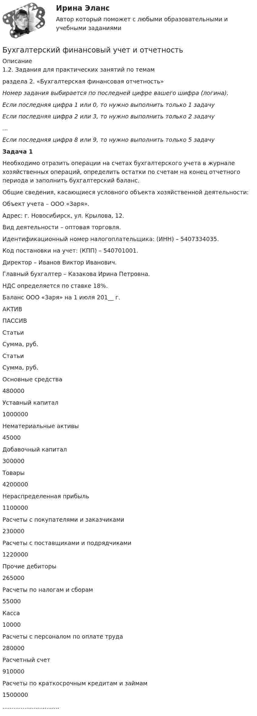     
          Описание
          	1.2.            Задания для практических занятий по темам 	раздела 2. «Бухгалтерская финансовая отчетность»  Номер задания выбирается по последней цифре вашего шифра (логина).  Если последняя цифра 1 или 0, то нужно выполнить только 1 задачу Если последняя цифра 2 или 3, то нужно выполнить только 2 задачу … Если последняя цифра 8 или 9, то нужно выполнить только 5 задачу   Задача 1	Необходимо отразить операции на счетах бухгалтерского учета в журнале хозяйственных операций, определить остатки по счетам на конец отчетного периода и заполнить бухгалтерский баланс.	Общие сведения, касающиеся условного объекта хозяйственной деятельности: 	Объект учета – ООО «Заря».	Адрес: г. Новосибирск, ул. Крылова, 12.	Вид деятельности – оптовая торговля.	Идентификационный номер налогоплательщика: (ИНН) – 5407334035.	Код постановки на учет: (КПП) – 540701001.	Директор – Иванов Виктор Иванович.	Главный бухгалтер – Казакова Ирина Петровна.	НДС определяется по ставке 18%.	Баланс ООО «Заря» на 1 июля 201__ г.  	АКТИВ 	ПАССИВ   	Статьи 	Сумма, руб. 	Статьи 	Сумма, руб.   	Основные средства 	480000 	Уставный капитал 	1000000   	Нематериальные активы 	45000 	Добавочный капитал 	300000   	Товары 	4200000 	Нераспределенная прибыль 	1100000   	Расчеты с покупателями и заказчиками 	230000 	Расчеты с поставщиками и подрядчиками 	1220000   	Прочие дебиторы 	265000 	Расчеты по налогам и сборам 	55000   	Касса 	10000 	Расчеты с персоналом по оплате труда 	280000   	Расчетный счет 	910000 	Расчеты по краткосрочным кредитам и займам 	1500000  ...............................  
            
            
            «Бухгалтерский (финансовый) учет в коммерческих организациях». Тест для сдачи в МФПУ «Синергия». Бухгалтерский финансовый учет и отчетностьБухгалтерский финансовый учет и отчетностьБухгалтерский финансовый учёт и отчетностьБухгалтерский финансовый учёт и отчётностьБухгалтерский финансовый учет и отчетность  все задания Бухгалтерский финансовый учет и отчетность   ВСЕ ЗАДАНИЯ Бухгалтерский финансовый учет 2 Бухгалтерский финансовый учет 2 (129 вопросов)Бухгалтерский финансовый учет 2 (РОСДИСТАНТ) Бухгалтерский финансовый учет 2 (ТЕСТЫ 1-7) РОСДИСТАНТ, ТГУБухгалтерский (финансовый) учет в коммерческих организациях (продвинутый уровень). Синергия. ✅ Ответы на ИТОГОВЫЙ ТЕСТ💯 Бухгалтерский (финансовый) учет в коммерческих организациях (продвинутый уровень) [Тема 1] (ответы на тест Синергия / МОИ / МТИ / МосАП, октябрь 2023)💯 Бухгалтерский (финансовый) учет в коммерческих организациях (продвинутый уровень) [Тема 1] (ответы на тест Синергия / МОИ / МТИ / МосАП, сентябрь 2023)
