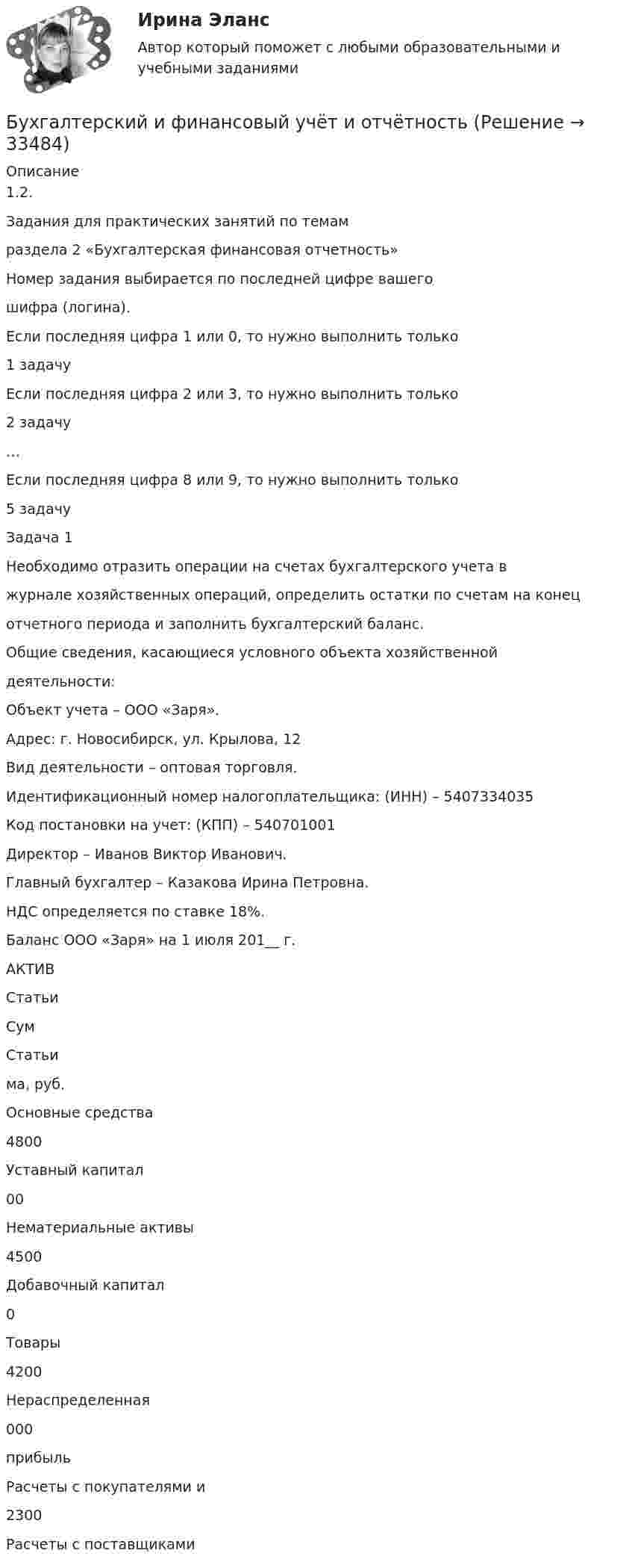      
          Описание
          1.2.Задания для практических занятий по темамраздела 2 «Бухгалтерская финансовая отчетность»Номер задания выбирается по последней цифре вашегошифра (логина).Если последняя цифра 1 или 0, то нужно выполнить только1 задачуЕсли последняя цифра 2 или 3, то нужно выполнить только2 задачу…Если последняя цифра 8 или 9, то нужно выполнить только5 задачуЗадача 1Необходимо отразить операции на счетах бухгалтерского учета вжурнале хозяйственных операций, определить остатки по счетам на конецотчетного периода и заполнить бухгалтерский баланс.Общие сведения, касающиеся условного объекта хозяйственнойдеятельности:Объект учета – ООО «Заря».Адрес: г. Новосибирск, ул. Крылова, 12Вид деятельности – оптовая торговля.Идентификационный номер налогоплательщика: (ИНН) – 5407334035Код постановки на учет: (КПП) – 540701001Директор – Иванов Виктор Иванович.Главный бухгалтер – Казакова Ирина Петровна.НДС определяется по ставке 18%.Баланс ООО «Заря» на 1 июля 201__ г.АКТИВСтатьиСумСтатьима, руб.Основные средства4800Уставный капитал00Нематериальные активы4500Добавочный капитал0Товары4200Нераспределенная000прибыльРасчеты с покупателями и2300Расчеты с поставщиками  
            
            
            Бухгалтерский баланс представляет собой таблицу, состоящую из …Бухгалтерский и финансовый учёт и отчётностьБухгалтерский управленческий учетБухгалтерский управленческий учетБухгалтерский управленческий учет✅ Бухгалтерский управленческий учет 32 вопроса СИНЕРГИЯ МТИ 2022Бухгалтерский управленческий учет АПиУ ФСИНБухгалтерские проводки пассивно-активного типа … валюту балансаБухгалтерские проводки пассивно-пассивного типа меняют … балансаБухгалтерские счета … являются источником информации для заполнения отчета о прибылях и убыткахБухгалтерские электронные системыБухгалтерские электронные системыБухгалтерские электронные системы. 179 вопросовБухгалтерские электронные системы (Лабораторные работы)