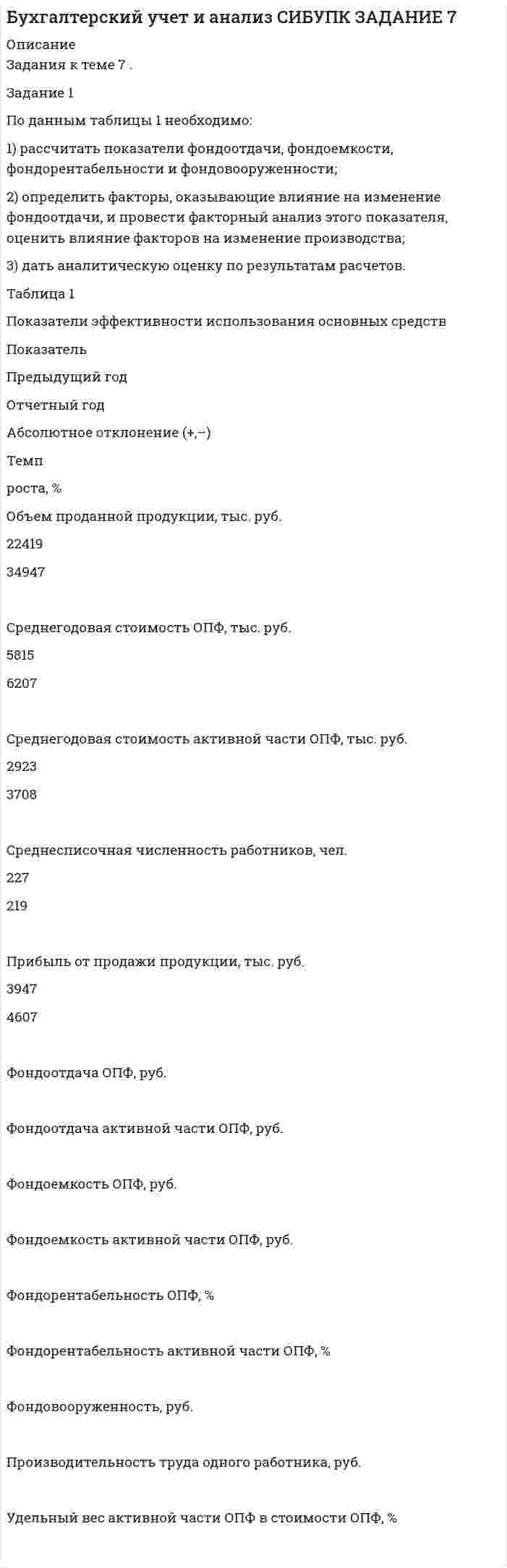 




Описание


Здравствуй, друг! Если нужны ещё контрольные работы или ответы на тесты, пиши в личку. Все контрольные были проверены преподавателями и оценены на положительную оценку в название файла указан процент, НЕ ЗАБУДЬ ОБЯЗАТЕЛЬНО % УДАЛИТЬ ПРИ ЗАГРУЗКЕ ФАЙЛА НА ПОРТАЛ




Оглавление


Задания к теме 7.
 
Задание 1. По данным таблицы необходимо:
- оценить динамику показателей, характеризующих деятельность автотранспортного предприятия;
- проанализировать влияние факторов на изменение объема грузоперевозок (выручки);
- рассчитать рентабельность грузоперевозок.
По результатам анализа сделать выводы.
 
Показатели, характеризующие деятельность
автотранспортного предприятия
 
Показатели Прошлый год Отчетный год Изменение, +/-
1. Грузооборот, тыс. Ткм. 2591,7 2710,5 118,8
2. Затраты на автоперевозки, тыс.руб. 4607,1 4370,2 -236,9
3. Выручка от автоперевозок, тыс.руб. 5831,3 6126,7 295,4
4. Среднегодовая стоимость основных производственных фондов, тыс. руб. 4556,1 4901,4 345,3
5. Численность водителей, чел. 95 98 3,0
6. Дни работы водителя в году, дн. 240 242 2,0
7. Среднее время рабочей смены, час. 8 7,7 -0,3
8. Часовая выработка транспортного средства, ткм. 31,97 33,55 1,6
9. Время в наряде, час. 9 9 0,0
10. Среднетехническая скорость транспортного средства, км/час 21 21 0,0
11. Коэффициент использования пробега 0,503 0,509 0,006
12. Среднее расстояние перевозки груза, км. 21 21 0,0
13. Среднее время простоя под погрузкой-разгрузкой на 1 ездку, час. 0,091 0,087 -0,004
14. Грузоподъемность, тонны 4,5 4,7 0,2
15. Коэффициент использования грузоподъемности 1 1,04 0,04
16. Среднегодовая заработная плата водителя, тыс. руб. 63 63,6 0,6
Задание 2. По данным таблицы необходимо:
- рассчитать технико-эксплуатационные показатели и оценить их динамику;
- сделать выводы о результатах работы подвижного состава автотранспортной организации.
 
Показатели Прошлый год Отчетный год
1. Списочное число автодней, автодни 364 360
2. Простои в связи ч ремонтом, автодни 9 18
3. Простои в связи с техническим обслуживанием, автодни 3 5
4. Простои в исправном состоянии по организационным причинам, автодни - 1
 



            
            
            Задание 1. По данным региональной статистики рассчитать показатели динамики ВРП за 2004 — 2014 г.г. и экстраполировать значения на 6 лет используя экспоненциальное сглаживание. Изобразить графически и сделать вывод.Задание 1 По данным таблицы 1 необходимо: 1) рассчитать показатели фондоотдачи, фондоемкости, фондорентабельности и фондовооруженности; 2) определить факторы, оказывающие влияние на изменение фондоотдачи, и провести факторный анализ этого показателя,Задание 1 По данным таблицы 1 необходимо: 1) рассчитать фондоотдачу и оборачиваемость оборотных активов; 2) используя прием относительных разностей, рассчитать влияние на изменение выпуска продукции следующих факторов: среднегодовой стоимости ОПФ и фондоотдачи; величины оборотных средств и их оборачиваемостиЗадание 1. По данным таблицы необходимо: - оценить динамику показателей, характеризуюзих деятельность автотранспортного предприятия; - проанализировать влияние факторов на изменение объема грузоперевозок (выручки); - рассчитать рентабельность грузоперевозок. По результатам анализа сделать выводы. Показатели, характеризующие деятельностьЗадание 1. По данным таблицы необходимо: - оценить динамику показателей, характеризующих деятельность автотранспортного предприятия; - проанализировать влияние факторов на изменение объема грузоперевозок (выручки); - рассчитать рентабельность грузоперевозок. По результатам анализа сделать выводы.Задание 1. По данным таблицы необходимо: - проанализировать динамику и структуру объема деятельности сельскохозяйственного предприятия; - оценить уровень специализации в отчетном году (Справочно: коэффициент специализации в прошлом периоде составил 0,44). По результатам расчетов сделать выводы.Задание 1. По данным таблицы необходимо: - проанализировать динамику и структуру объема деятельности сельскохозяйственного предприятия; - оценить уровень специализации в отчетном году (Справочно: коэффициент специализации в прошлом периоде составил 0,44). По результатам расчетов сделать выводы.. 2Задание 1 ﻿ Планируется начать организацию производства совершенно нового класса электропроводящих пленочных композиционных материалов. Материал относится к классу пленочных композиционных материалов с уникальным сочетанием высокой сорбционной способности и низкого электрического сопротивления. Высокая электропроводимость материала способна резко повысить избирательность сорбции, регулировать скорость сорбции и десорбции, что необходимо при создании материалов многоразового использования. Области применения: промышленность, медицина и биология.Задание 1 по Высшей математике 3  Вариант 7 РосдистантЗадание 1. По данным бухгалтерского баланса осуществите: а) горизонтальный анализ. Выявите резкие изменения отдельных статей. Сделайте выводы. б) вертикальный анализ. Определите изменение структуры активов и пассивов баланса.Задание 1. По данным бухгалтерского баланса осуществите: а) горизонтальный анализ. Выявите резкие изменения отдельных статей. Сделайте выводы. б) вертикальный анализ. Определите изменение структуры активов и пассивов баланса.. 2Задание 1 По данным бухгалтерского баланса проведите анализ структуры активов и пассивов, дайте оценку их динамики (изменениям) за исследуемый период. В выводах определите принадлежность к виду экономической деятельности организации, основываясь на оценке состава ее активов, дайте характеристику произошедшим изменениям структуры активов и пассивов, оцените структуру источников финансирования (пассивов).Задание 1. По данным отчета об изменениях капитала оцените динамику и структуру собственного капитала организации, рассчитайте показатели движения капитала. Для анализа заполните таблицу. Сделайте выводы.Задание 1. По данным отчета об изменениях капитала оцените динамику и структуру собственного капитала организации, рассчитайте показатели движения капитала. Для анализа заполните таблицу. Сделайте выводы. Таблица