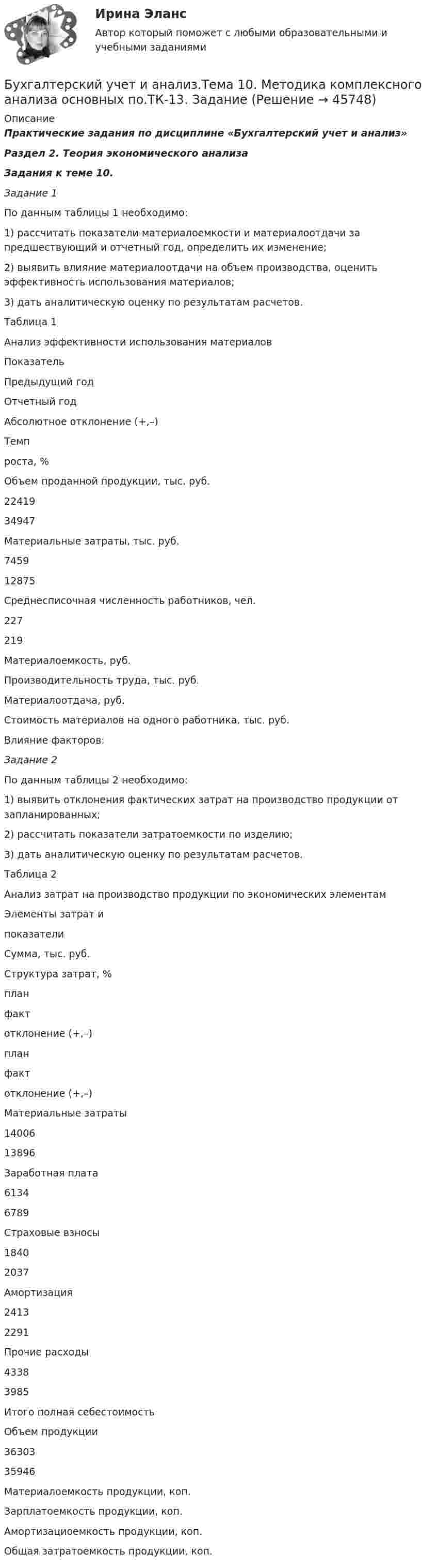      
            Описание
            Практические задания по дисциплине «Бухгалтерский учет и анализ» Раздел 2. Теория экономического анализа Задания к теме 10. Задание 1	По данным таблицы 1 необходимо:	1) рассчитать показатели материалоемкости и материалоотдачи за предшествующий и отчетный год, определить их изменение;	2) выявить влияние материалоотдачи на объем производства, оценить эффективность использования материалов;	3) дать аналитическую оценку по результатам расчетов.	Таблица 1Анализ эффективности использования материалов  Показатель Предыдущий год Отчетный год Абсолютное отклонение (+,–) Темп роста, %   Объем проданной продукции, тыс. руб. 22419 34947   Материальные затраты, тыс. руб. 7459 12875  Среднесписочная численность работников, чел. 227 219   Материалоемкость, руб.  Производительность труда, тыс. руб.    Материалоотдача, руб.  Стоимость материалов на одного работника, тыс. руб.  Влияние факторов: Задание 2	По данным таблицы 2 необходимо:	1) выявить отклонения фактических затрат на производство продукции от запланированных;	2) рассчитать показатели затратоемкости по изделию;	3) дать аналитическую оценку по результатам расчетов.	Таблица 2Анализ затрат на производство продукции по экономических элементам  Элементы затрат и  показатели Сумма, тыс. руб. Структура затрат, %   план факт отклонение (+,–) план факт отклонение (+,–)   Материальные затраты 14006 13896  Заработная плата 6134 6789 Страховые взносы 1840 2037  Амортизация  2413 2291 Прочие расходы  4338 3985 Итого полная себестоимость  Объем продукции 36303 35946Материалоемкость продукции, коп.   Зарплатоемкость продукции, коп. Амортизациоемкость продукции, коп.Общая затратоемкость продукции, коп.   
            
            
            Бухгалтерский учёт и анализ. Синергия. Тест.Бухгалтерский учет и анализ.Тема 10. Методика комплексного анализа основных по.ТК-13. ЗаданиеБухгалтерский учет и анализ.Тема 2. Предмет и объекты бухгалтерского учета.ТК-2. ЗаданиеБухгалтерский учет и анализ.Тема 3. Метод бухгалтерского учета и его элементы.ТК-4. ЗаданиеБухгалтерский учет и анализ.Тема 9. Система комплексного экономического анализ.ТК-11. Задание«Бухгалтерский учет и анализ». Тест для сдачи в МФПУ «Синергия». Бухгалтерский учет и анализ тест (Ответы на тест Синергия/МОИ/ МТИ)Бухгалтерский учёт и анализ (Практическая работа) ММУБухгалтерский учет и анализ рейтинговая ВиттеБухгалтерский учет и анализ  рр 2Бухгалтерский учет и анализ рр2 вариант  № Л  витте Бухгалтерский учет и анализ СинергияБухгалтерский учёт и анализ Синергия Бухгалтерский учет и анализ (Синергия/МОИ/МТИ/МОСАП)
