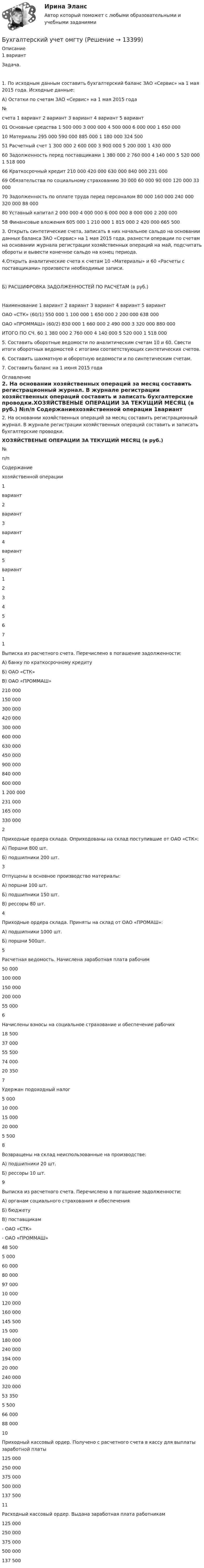      
          Описание
          1 вариантЗадача.1. По исходным данным составить бухгалтерский баланс ЗАО «Сервис» на 1 мая 2015 года. Исходные данные:А) Остатки по счетам ЗАО «Сервис» на 1 мая 2015 года№ счета		1 вариант	2 вариант	3 вариант	4 вариант	5 вариант01	Основные средства	1 500 000	3 000 000	4 500 000	6 000 000	1 650 00010	Материалы	295 000	590 000	885 000	1 180 000	324 50051	Расчетный счет	1 300 000	2 600 000	3 900 000	5 200 000	1 430 00060	Задолженность перед поставщиками	1 380 000	2 760 000	4 140 000	5 520 000	1 518 00066	Краткосрочный кредит	210 000	420 000	630 000	840 000	231 00069	Обязательства по социальному страхованию	30 000	60 000	90 000	120 000	33 00070	Задолженность по оплате труда перед персоналом	80 000	160 000	240 000	320 000	88 00080	Уставный капитал	2 000 000 	4 000 000	6 000 000	8 000 000	2 200 00058	Финансовые вложения	605 000	1 210 000	1 815 000	2 420 000	665 5003. Открыть синтетические счета, записать в них начальное сальдо на основании данных баланса ЗАО «Сервис» на 1 мая 2015 года, разнести операции по счетам на основании журнала регистрации хозяйственных операций на май, подсчитать обороты и вывести конечное сальдо на конец периода.4.Открыть аналитические счета к счетам 10 «Материалы» и 60 «Расчеты с поставщиками» произвести необходимые записи.Б) РАСШИФРОВКА ЗАДОЛЖЕННОСТЕЙ ПО РАСЧЕТАМ (в руб.)Наименование	1 вариант	2 вариант	3 вариант	4 вариант	5 вариантОАО «СТК» (60/1)	550 000	1 100 000	1 650 000	2 200 000	638 000ОАО «ПРОММАШ» (60/2)	830 000	1 660 000	2 490 000	3 320 000	880 000ИТОГО ПО СЧ. 60	1 380 000	2 760 000	4 140 000	5 520 000	1 518 0005. Составить оборотные ведомости по аналитическим счетам 10 и 60. Свести итоги оборотных ведомостей с итогами соответствующих синтетических счетов.6. Составить шахматную и оборотную ведомости и по синтетическим счетам.7. Составить баланс на 1 июня 2015 года 
          Оглавление
          2. На основании хозяйственных операций за месяц составить регистрационный журнал. В журнале регистрации хозяйственных операций составить и записать бухгалтерские проводки.ХОЗЯЙСТВЕНЫЕ ОПЕРАЦИИ ЗА ТЕКУЩИЙ МЕСЯЦ (в руб.)   №п/п Содержаниехозяйственной операции 1вариант 2вариант 3вариант 4вариант 5вариант   1 2 3 4 5 6 7   1 Выписка из расчетного счета. Перечислено в погашение задолженности:А) банку по краткосрочному кредитуБ) ОАО «СТК»В) ОАО «ПРОММАШ»       210 000150 000300 000       420 000300 000600 000       630 000450 000900 000       840 000600 0001 200 000       231 000165 000330 000   2 Приходные ордера склада. Оприходованы на склад поступившие от ОАО «СТК»:А) Поршни 800 шт.Б) подшипники 200 шт.        3 Отпущены в основное производство материалы:А) поршни 100 шт.Б) подшипники 150 шт.В) рессоры 80 шт.         4 Приходные ордера склада. Приняты на склад от ОАО «ПРОМАШ»:А) подшипники 1000 шт.Б) поршни 500шт.        5 Расчетная ведомость. Начислена заработная плата рабочим  50 000 100 000 150 000 200 000 55 000   6 Начислены взносы на социальное страхование и обеспечение рабочих  18 500 37 000 55 500 74 000 20 350   7 Удержан подоходный налог 5 000 10 000 15 000 20 000 5 500          8 Возвращены на склад неиспользованные на производстве:А) подшипники 20 шт.Б) рессоры 10 шт.        9 Выписка из расчетного счета. Перечислено в погашение задолженности: А) органам социального страхования и обеспеченияБ) бюджетуВ) поставщикам - ОАО «СТК»- ОАО «ПРОММАШ»        48 5005 000 60 000 80 000        97 00010 000 120 000 160 000        145 50015 000 180 000 240 000        194 00020 000 240 000 320 000        53 3505 500 66 000 88 000   10 Приходный кассовый ордер. Получено с расчетного счета в кассу для выплаты заработной платы 125 000 250 000 375 000 500 000 137 500   11  Расходный кассовый ордер. Выдана заработная плата работникам 125 000 250 000 375 000 500 000 137 500  
            
            
            Бухгалтерский учет на тему: «Классификация бухгалтерских счетов по экономическому содержанию.»Бухгалтерский учет омгту 💯 Бухгалтерский учет (ответы на тест Синергия / МТИ / МосАП, май 2023)Бухгалтерский учет Практическая работа ММУ Задание 2БУХГАЛТЕРСКИЙ УЧЕТ Рубежный контроль  (задачи)БУХГАЛТЕРСКИЙ УЧЕТ Рубежный контроль к разделу 2 (задачи)Бухгалтерский учет / СибУПК / Бухгалтерский баланс, счета и двойная запись Бухгалтерский учет и аудит в банкеБухгалтерский учёт и налогообложениеБухгалтерский учет и отчетность. Синергия. Ответы на ИТОГОВЫЙ ТЕСТ. На отлично!Бухгалтерский учет и финансовый анализ (тест с ответами ММА)Бухгалтерский учет как источник информации для оценки кризисного состояния предприятия.Бухгалтерский учет ММУ 2023г.Бухгалтерский учет ММУ 2023г.