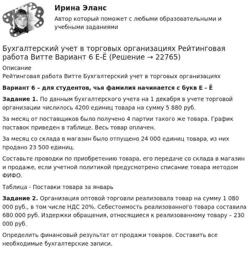     
          Описание
          Рейтинговая работа Витте Бухгалтерский учет в торговых организациях Вариант 6 – для студентов, чья фамилия начинается с букв Е - ЁЗадание 1. По данным бухгалтерского учета на 1 декабря в учете торговой организации числилось 4200 единиц товара на сумму 5 880 руб.За месяц от поставщиков было получено 4 партии такого же товара. График поставок приведен в таблице. Весь товар оплачен. За месяц со склада в магазин было отпущено 24 000 единиц товара, из них продано 23 500 единиц.Составьте проводки по приобретению товара, его передаче со склада в магазин и продаже, если учетной политикой предусмотрено списание товара методом ФИФО.Таблица - Поставки товара за январьЗадание 2. Организация оптовой торговли реализовала товар на сумму 1 080 000 руб., в том числе НДС 20%. Себестоимость реализованного товара составила 680 000 руб. Издержки обращения, относящиеся к реализованному товару – 230 000 руб.Определить финансовый результат от продажи товаров. Составить все необходимые бухгалтерские записи.  
            
            
            Бухгалтерский учет в торговых организациях  Задание/вариант №  10Бухгалтерский учет в торговых организациях Рейтинговая работа Витте Вариант 6 Е-ЁБухгалтерский учет в торговых организациях рр 1 вариант 4Бухгалтерский учет в торговых организациях рр 1 вариант  №  11 Бухгалтерский учет в торговых организациях  рр 1 вариант №  17Бухгалтерский учет в торговых организациях  рр 1  Задание/вариант  №  16Бухгалтерский учет в торговых организациях рр1  Задание/вариант  №   3Бухгалтерский учет (блок 2-3) тест с ответами Синергия/МОИ/ МТИ /МОСАПБухгалтерский учёт (вариант 5, ОмГТУ)Бухгалтерский учет в банкахБухгалтерский учет в банках»Бухгалтерский учёт в коммерческих банкахБухгалтерский учет в отраслях⭐ Бухгалтерский учет в отраслях (ответы на тест Синергия / МТИ / МосАП, июль 2022)