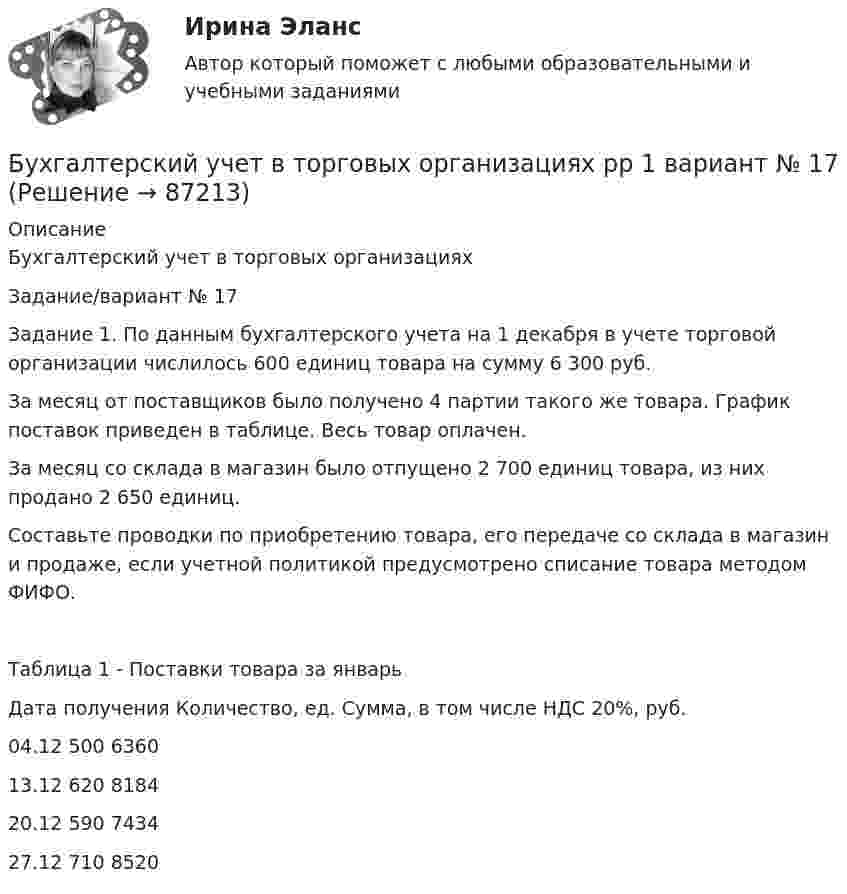      
            Описание
            Бухгалтерский учет в торговых организацияхЗадание/вариант №  17Задание 1. По данным бухгалтерского учета на 1 декабря в учете торговой организации числилось 600 единиц товара на сумму 6 300 руб.За месяц от поставщиков было получено 4 партии такого же товара. График поставок приведен в таблице. Весь товар оплачен. За месяц со склада в магазин было отпущено 2 700 единиц товара, из них продано 2 650 единиц.Составьте проводки по приобретению товара, его передаче со склада в магазин и продаже, если учетной политикой предусмотрено списание товара методом ФИФО.Таблица 1 - Поставки товара за январьДата получения	Количество, ед.	Сумма, в том числе НДС 20%, руб.04.12	500	636013.12	620	818420.12	590	743427.12	710	8520   
            
            
            Бухгалтерский учет в торговых организациях рр 1 вариант  №  11 Бухгалтерский учет в торговых организациях  рр 1 вариант №  17Бухгалтерский учет в торговых организациях  рр 1  Задание/вариант  №  16Бухгалтерский учет в торговых организациях рр1  Задание/вариант  №   3Бухгалтерский учет и анализБухгалтерский учет и анализБухгалтерский учет и анализБухгалтерский учет в банках»Бухгалтерский учёт в коммерческих банкахБухгалтерский учет в отраслях⭐ Бухгалтерский учет в отраслях (ответы на тест Синергия / МТИ / МосАП, июль 2022)Бухгалтерский учет в торговых организациях»  Вариант №  2Бухгалтерский учет в торговых организациях  Задание/вариант №  10Бухгалтерский учет в торговых организациях Рейтинговая работа Витте Вариант 6 Е-Ё