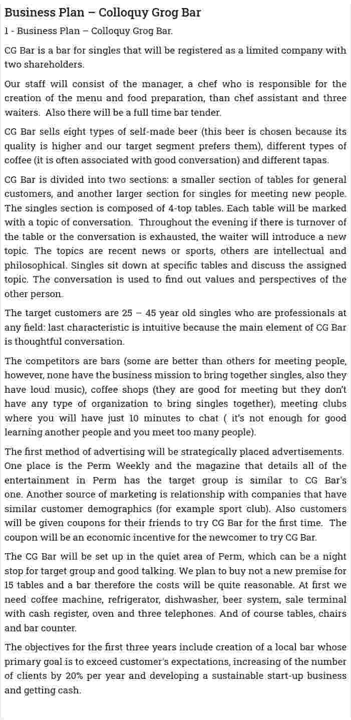 Business Plan – Colloquy Grog Bar