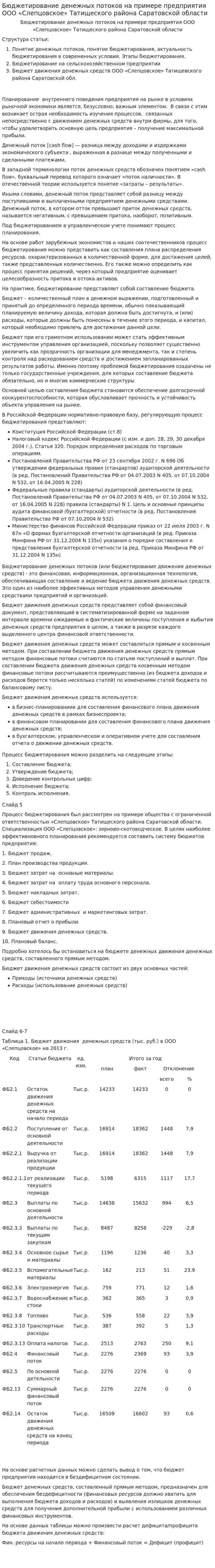 Бюджетирование денежных потоков на примере предприятия ООО «Слепцовское» Татищеского района Саратовской области