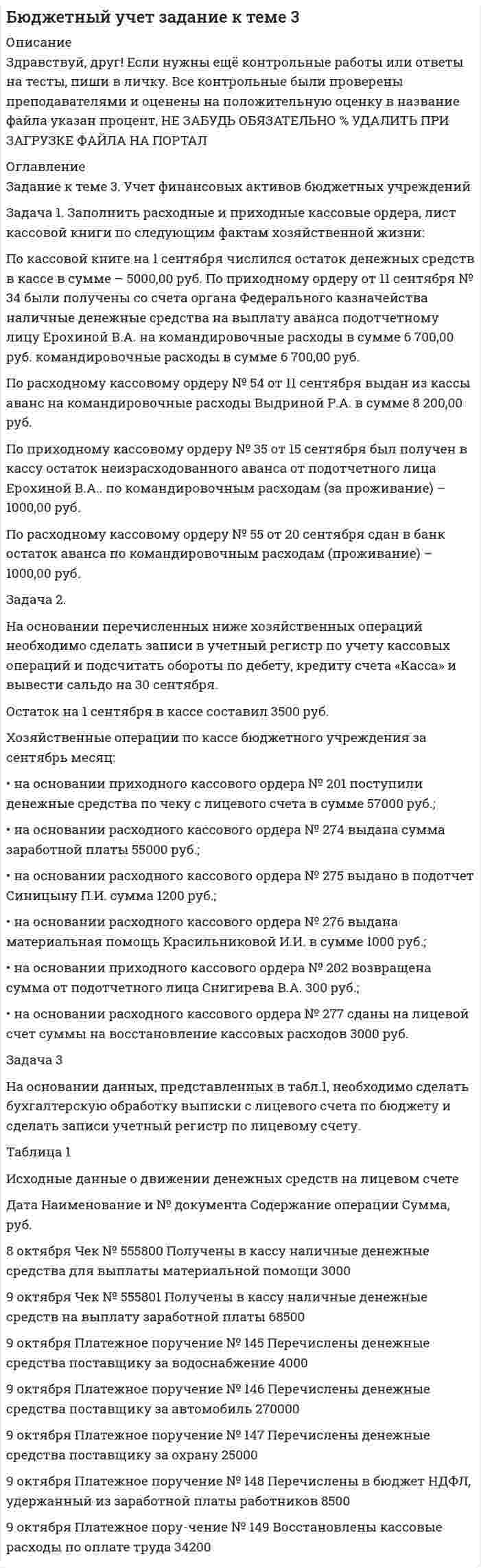 




Описание


Контрольная работа по экономике.2 модуль
Работа проверена преподавателем (выполнено на 100%)
Выполнена в формате ворд





Список литературы


Задача 1.(Издержки)
Написать формулу для решения и заполнить таблицу (при условии, что фирма действует в условиях совершенной конкуренции, а совокупные издержки равны постоянным издержкам, то FC=TC_0=16:
Задача 2.
Линия TC задана формулой TC=40+Q^2, линия спроса задана формулой Q=20-P.
Найти:
1. Q_opt;
2. PR
Задача 3. (Конкуренция и монополия)
Цена товара на рынке совершенной конкуренции равна 68, кривая совокупных издержек задана формулой TC=〖2Q〗^2+12Q+30.
Найти объем выпущенной продукции.
Задача 4.
На совершенно конкурентном рынке фирма столкнулась с ценой товара в 4 у.е. и совокупными издержками производства
Определить среднюю прибыль, полученную с каждой единицы проданного товара.
Задача 5.
Дана функция валовых издержек фирмы .
Выведите уравнения VC; FC; AC; AVC; AFC; MC.



            
            
            Задача 1. Заполнить расходные и приходные кассовые ордера, лист кассовой книги по следующим фактам хозяйственной жизни: По кассовой книге на 1 сентября числился остаток денежных средств в кассе в сумме – 5000,00 руб.По приходному ордеру от 11 сентября № 34 были получены со счета органа Федерального казначейства наличные денежные средства на выплату аванса подотчетному лицу Ерохиной В.А. на командировочные расходы в сумме 6 700,00 руб.Задача 1. Заполнить расходные и приходные кассовые ордера, лист кассовой книги по следующим фактам хозяйственной жизни: По кассовой книге на 1 сентября числился остаток денежных средств в кассе в сумме – 5000,00 руб. По приходному ордеру от 11 сентября № 34 были получены со счета органа Федерального казначейства наличные денежные средства на выплату аванса подотчетному лицу Ерохиной В.А. на командировочные расходы в сумме 6 700,00 руб. командировочные расходы в сумме 6 700,00 руб.Задача 1 Затраты организации на наем одного сотрудника в среднем составляют 43 тыс. руб., примерный срок в течение которого работник не исполняет свои обязанности в связи с увольнением, а так же рабочее место остается вакантным 7 рабочих дней, примерный срок в течении которого вновь принятый работник учится и не выполняет свою работу в полной мере в среднем 10 рабочих дней (условно принято, что в этот период выработка составляет 50% от обычной среднедневной производительности труда).Задача 1 Из генеральной совокупности извлечена выборка объема n=8: 6,1; 6,2; 6,5; 6,8; 7,3; 7,6 8,1; 8,3. Оценить с надежностью 0,95 математическое ожидание m и среднее квадратическое отклонение σ нормально распределенного признака генеральной совокупности с помощью доверительных интервалов.Задача 1.(Издержки) Написать формулу для решения и заполнить таблицу (при условии, что фирма действует в условиях совершенной конкуренции, а совокупные издержки равны постоянным издержкам, то FC=TC_0=16:Задача 1 Излучение атомарного водорода падает нормально на дифракционную решетку шириной a. На экране в спектре первого порядка можно различить n линий серии Бальмера. Определить период дифракционной решетки.Задача 1. Изотоп (_Z^A)X испытывает радиоактивный распад. Масса изотопа m = 1 г. Рассчитать: 1. Начальное количество ядер N0. 2. Постоянную распада  и пояснить ее физический смысл.Задача 1 Доход хозяйствующего субъекта, полученный в период деятельности без постановки на учет в налоговом органе, составил 800 тыс. р. 1) сумму штрафа за данное правонарушение, если деятельность велась в течение:Задача 1 Доход хозяйствующего субъекта, полученный в период деятельности без постановки на учет в налоговом органе, составил 800 тыс. р. Определите:Задача 1 Доход хозяйствующего субъекта, полученный в период деятельности без постановки на учет в налоговом органе, составил 800 тыс. р. Определите: 1)сумму штрафа за данное правонарушение, если деятельность велась в течение:Задача 1 Егоров, будучи пожилым и нетрудоспособным, вложил на три месяца в коммерческий банк «Развитие» 3 января 2011 г. три миллиона рублей на хранение с условием выплаты дохода из расчета 12% годовых. Обязательство было оформлено договором.Задача 1. Житель села Нижние Тимерсяны Цильнинского района Ульяновской области на приусадебном участке сделал два пруда, запустил в них мальков и стал разводить карпов. Пруды проточные (в верхнем бьет ключ), и карпы хорошо набирают вес, достигая 3-4 кг. Выращенных карпов он использует в пищу семьи, а остальное продает соседям, на рынке.Задача 1 За какое время капитал величиной 12 тыс. руб., вложенный под 50% годовых увеличится на такую же сумму, что и капитал 18 тыс. руб., вложенный с 4 февраля по 20 апреля под те же проценты (год не високосный).Задача 1 Заключен договор поставки. Договор от имени покупателя подписан генеральным директором. Кроме этого, он как физическое лицо заключил с продавцом договор поручительства в целях исполнения покупателем обязательств по договору поставки.