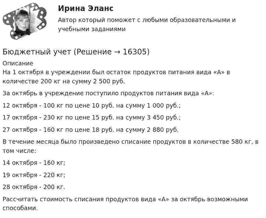      
          Описание
          	На 1 октября в учреждении был остаток продуктов питания вида «А» в количестве 200 кг на сумму 2 500 руб. 	За октябрь в учреждение поступило продуктов питания вида «А»: 	12 октября - 100 кг по цене 10 руб. на сумму 1 000 руб.; 	17 октября - 230 кг по цене 15 руб. на сумму 3 450 руб.; 	27 октября - 160 кг по цене 18 руб. на сумму 2 880 руб. 	В течение месяца было произведено списание продуктов в количестве 580 кг, в том числе: 	14 октября - 160 кг; 	19 октября - 220 кг; 	28 октября - 200 кг. 	Рассчитать стоимость списания продуктов вида «А» за октябрь возможными способами.  
            
            
            Бюджетный прогноз Российской Федерации либо субъекта Федерации на долгосрочный период разрабатывается каждые ... на двенадцать и более летБюджетный учетБюджетный учет 4 задания СибУПКБюджетный учет  ВСЕ ЗАДАНИЯ Бюджетный учет ВСЕ ЗАДАНИЯ Бюджетный учет ВСЕ ЗАДАНИЯ БЮДЖЕТНЫЙ УЧЕТ, все ТЕСТЫ (с 1 по 6) Бюджетные инвестиции в объекты капитального строительства государственной (муниципальной) собственности могут осуществляться в соответствии с … соглашениямиБюджетные организации - вариант №5Бюджетные ... представляют собой бюджетные средства, направляемые на создание или увеличение за счет средств бюджета стоимости государственного (муниципального) имуществаБюджетные средства, предоставляемые бюджету другого уровня бюджетной системы на безвозмездной и безвозвратной основе для покрытия текущих расходов:Бюджетные средства, предоставляемые бюджету другого уровня бюджетной системы РФ или юридическому лицу на безвозмездной основе для осуществления определенных целевых расходов, – это …Бюджетные средства, предоставляемые бюджету другого уровня бюджетной системы РФ, физическому или юридическому лицу на условиях долевого финансирования целевых расходов, – это …Бюджетный дефицит возникает при …