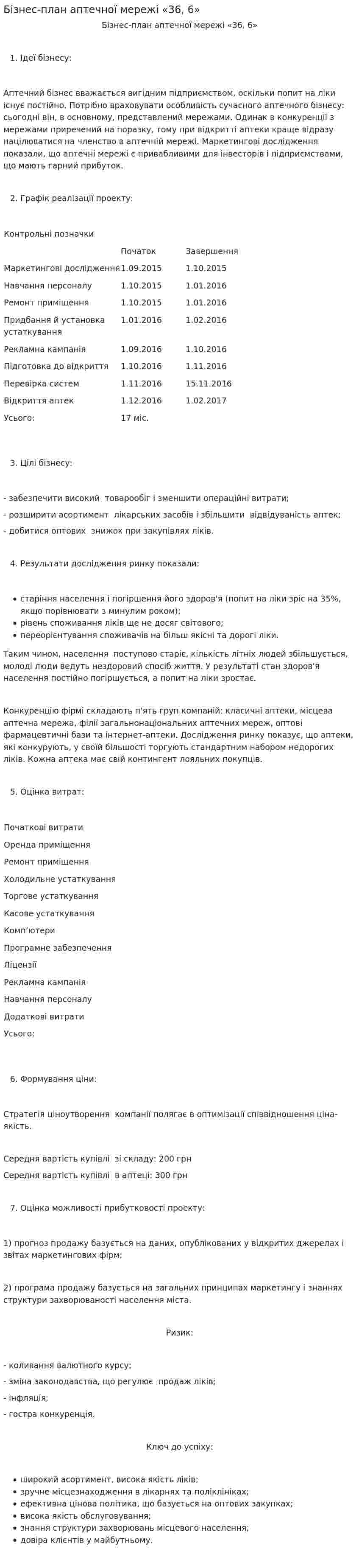 Бізнес-план аптечної мережі «36, 6»