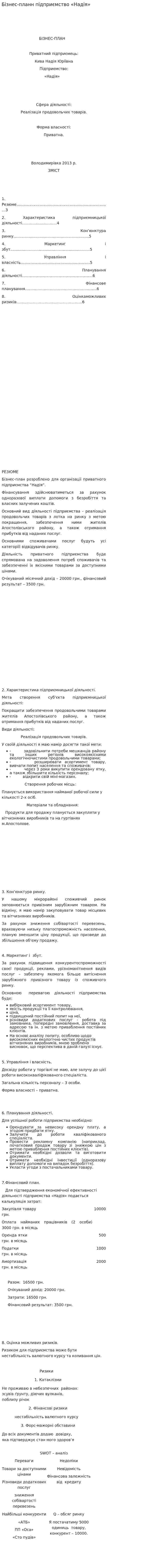 Бізнес-планн підприємство «Надія»