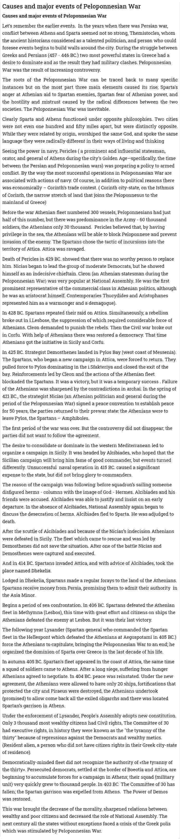 Causes and major events of Peloponnesian War