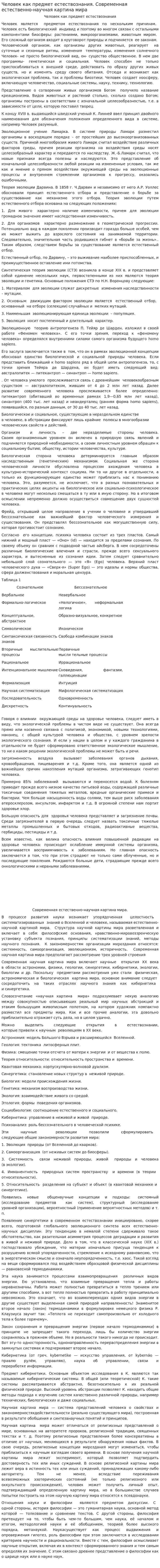 Человек как предмет естествознания. Современная естественно-научная картина мира