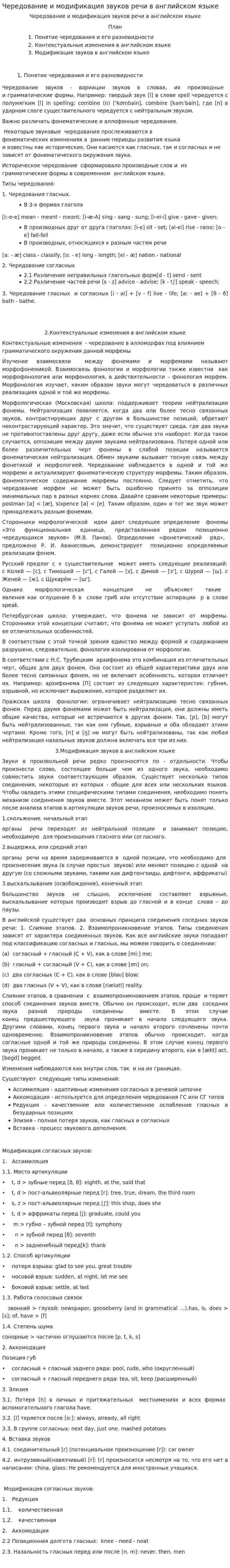 Чередование и модификация звуков речи в английском языке