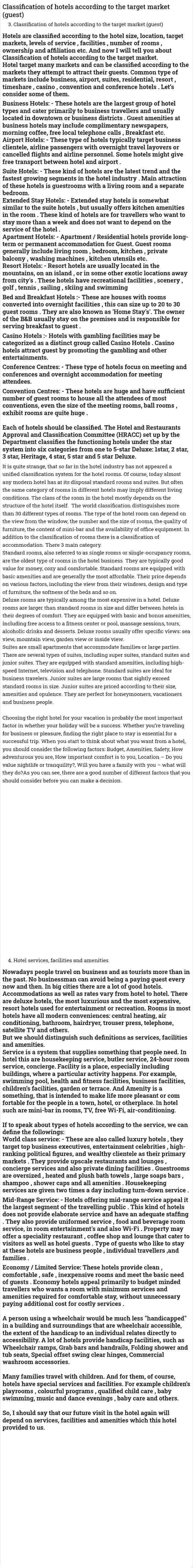 Classification of hotels according to the target market (guest)