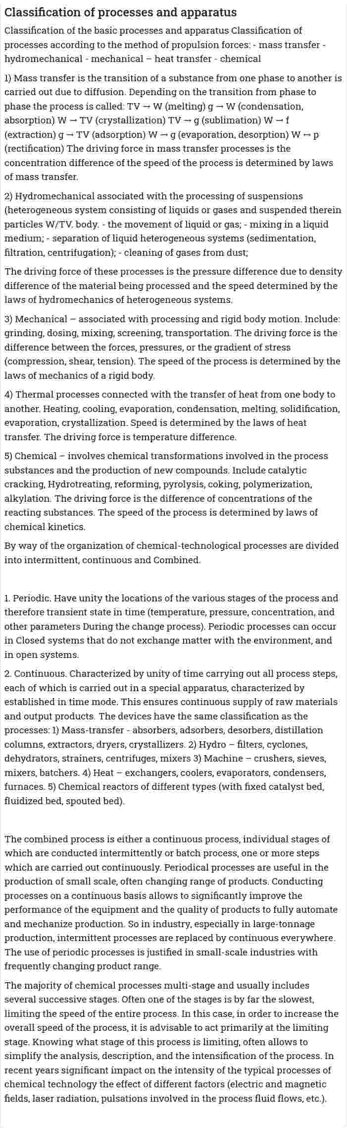 Classification of processes and apparatus