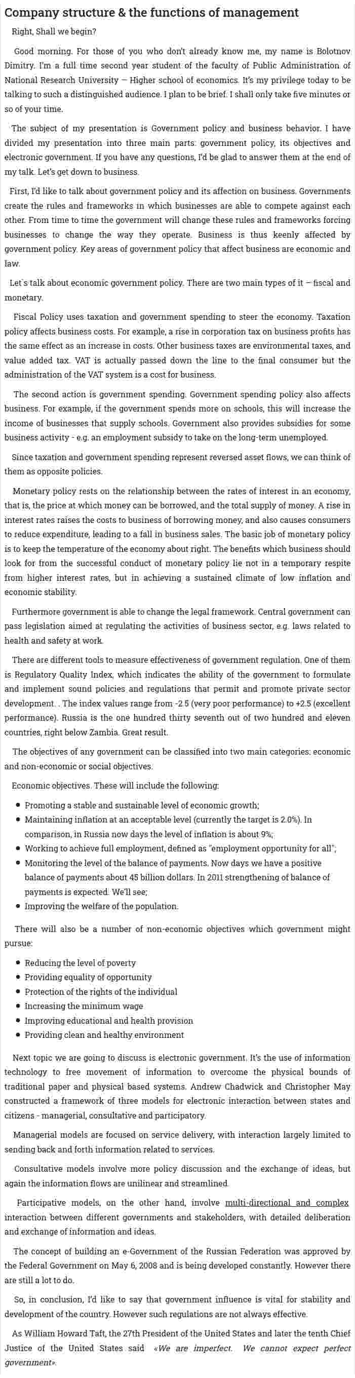 Company structure & the functions of management