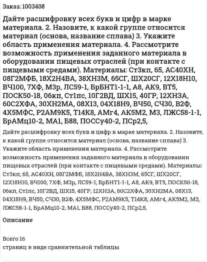 Дайте расшифровку всех букв и цифр в марке материала.  2.	Назовите, к какой группе относится материал (основа, название сплава)  3.	Укажите область применения материала.  4.	Рассмотрите возможность применения заданного материала в оборудовании пищевых отраслей (при контакте с пищевыми средами).  Материалы: Ст3кп, 65, АС40ХН, 08Г2МФБ, 18Х2Н4ВА, 38ХН3М, 65СГ, ШХ20СГ, 12Х18Н10, ВЧ100, 7ХФ, М3р, ЛС59-1, БрБНТ1-1-1, А8, АК9, ВТ5, ПОСК50-18, 06кп, Cт1пс, 10Г2ВД, ШX15, 40ГР, 12ХНЗА, 60С2ХФА, 30ХН2МА, 08X13, 04X18Н9, ВЧ50, СЧ30, В2Ф, 4Х5МФС, Р2АМ9К5, Т14К8, АМг4, АК5М2, М3, ЛЖС58-1-1, БрАМц10-2, МА1, Б88, ПОССу40-2, ПСр2,5,