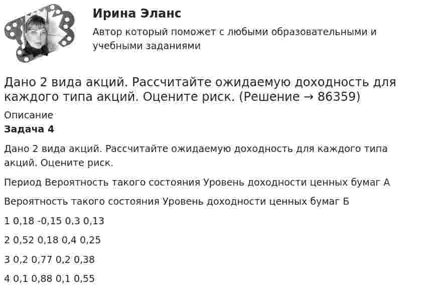      
            Описание
            Задача 4 Дано 2 вида акций. Рассчитайте ожидаемую доходность для каждого типа акций. Оцените риск.  Период Вероятность такого состояния Уровень доходности ценных бумаг А Вероятность такого состояния Уровень доходности ценных бумаг Б   1 0,18 -0,15 0,3 0,13   2 0,52 0,18 0,4 0,25   3 0,2 0,77 0,2 0,38   4  0,1 0,88 0,1 0,55      
            
            
            Данный способ подключения к Интернет обеспечивает наибольшие возможности для доступа к информационным ресурсам:Дано 2 вида акций. Рассчитайте ожидаемую доходность для каждого типа акций. Оцените риск. Дано: |a|=0, ∣b∣=12Дано дифференциальное уравнение первого порядка и его начальные условия. Найти общее решение этого уравнения и определить частное решение.Дано изменение стоимости отдельных акций предприятий и рыночного портфеля акций ведущих отраслей промышленности России в целомДано неравенство вида c³ˣ⁺¹ > (c)². При каком значении c данное неравенство не имеет решения? Дано перечисление:  enum Color {A=1, AliceBlue, AntiqueWhite=1, Aqua, Aquamarine, Azure, Beige, Bisque};Дана функция сортировки массива прямым выбором:  void select_sort(int a[], int n)Дана хеш-функция h(x, i) = (x + 3i) mod 10. Напишите через запятую индексы (без пробелов), которые будет выдавать эта функция при x=5, подставляя i от 0 до 9 Алгоритмы и анализ сложности ЧелГУ (1 сем)Дан граф:    Укажите множество достижимости вершины x1 .  	Ни одна из вершин	 	x1 	x2 	x3 	x4 	x5дание 1 Конфликтная ситуация: тип конфликта, его последствия и методы его разрешения. Прочитайте описание конфликтной ситуации. Объясните, какого типа был конфликт, какие имел последствия и какими методами его следует разрешить. Данное задание должно быть выполнено с использованием MS EXCEL. В результате выборочного обследования торговых предприятий получены следующие данные о значениях их дневного товарооборота (в тысячах рублейДанные об организациях, созданных на территории РФ, их местных единицах, индивидуальных предпринимателях, других типах статистических единиц, являющихся объектами федерального статистического наблюдения, отражаются Росстатом …Данные, полученные опытным путем, называются ...