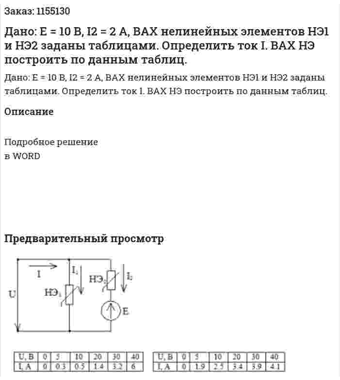 Дано: Е = 10 В, I2 = 2 А, ВАХ нелинейных элементов НЭ1 и НЭ2 заданы таблицами. Определить ток I. ВАХ НЭ построить по данным таблиц. 