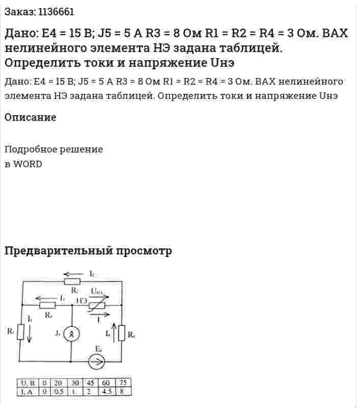 Дано: E4 = 15 В; J5 = 5 А R3 = 8 Ом R1 = R2 = R4 = 3 Ом. ВАХ нелинейного элемента НЭ задана таблицей. Определить токи и напряжение Uнэ 