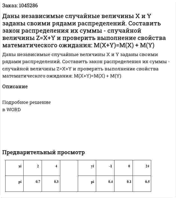 Даны независимые случайные величины X и Y заданы своими рядами распределений.  Составить закон распределения их суммы - случайной величины Z=X+Y и проверить выполнение свойства математического ожидания:  M(X+Y)=M(X) + M(Y) 
