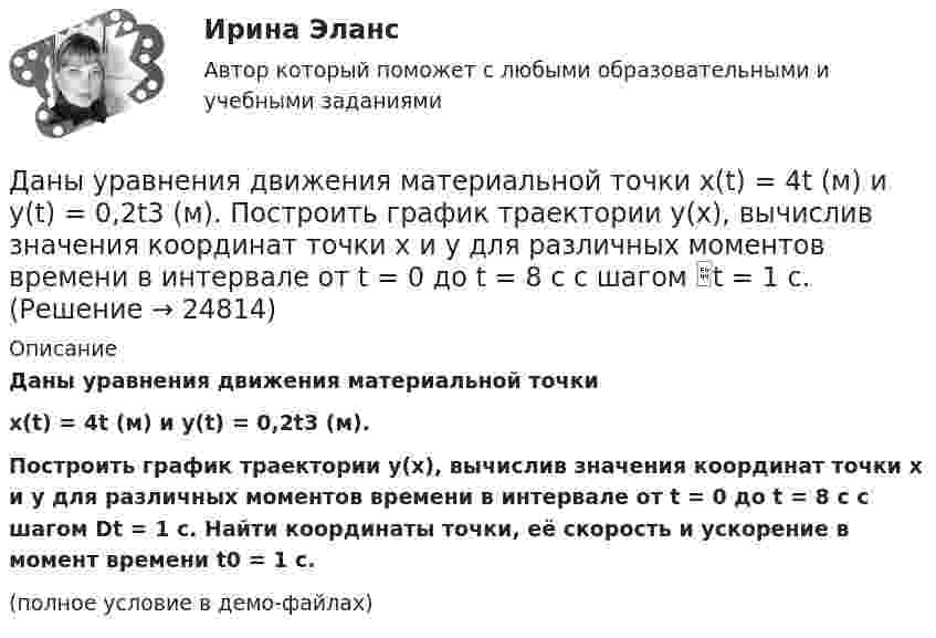     
          Описание
          	Даны уравнения движения материальной точкиx(t) = 4t (м) и y(t) = 0,2t3 (м).           Построить график траектории y(x), вычислив значения координат точки x и y для различных моментов времени в интервале от t = 0 до t = 8 с с шагом Dt = 1 с. Найти координаты точки, её скорость и ускорение в момент времени t0 = 1 с.(полное условие в демо-файлах)  
            
            
            Даны уравнения движения материальной точки x(t) = 2 cos(t) (м)  и  y(t) = 3 sin(t) (м). Построить график траектории y(x), вычислив значения координат точки x и y для различных моментов времени в интервале от t = 0 до t = 2 с с шагомДаны уравнения движения материальной точки x(t) = 4t (м) и y(t) = 0,2t3 (м). 	Построить график траектории y(x), вычислив значения координат точки x и y для различных моментов времени в интервале от t = 0 до t = 8 с с шагом t = 1 с. Даны уравнения поверхностей второго порядка в декартовой системе координатДаны уравнения поверхностей второго порядка в декартовой системе координат:  1) 3(x−7)2−4(y−4)2+2(z−8)2=1  3x-72-4y-42+2z-82=1  2) 3(x−7)2−4(y−4)2−2(z−8)2=1Даны функция f(z) и множество E. 1) Изобразить множество E на комплексной плоскости. 2) Найти образ E'=f(E) множества E  (вариант 12)Даны функция f(z) и множество E. 1) Изобразить множество E на комплексной плоскости. 2) Найти образ E'=f(E) множества E (вариант 22)Даны характеристики трех сотрудников, которые относятся к разным типам «командных ролей» но Белбину. Кто из них относится к «Людям действия»?Даны три точечных заряда q1 = 1 нКл, q2 = 2 нКл, q3 = – 3 нКл. Расстояние между зарядами a = 10 см. Найти напряжённость поля в точке, расположенной на линии, соединяющей заряды, на расстоянии a правее заряда q3.Даны три точечных заряда q1 = 1 нКл, q2 = 2 нКл, q3 = – 3 нКл. Расстояние между зарядами a = 10 см. Найти напряжённость поля в точке, расположенной на линии, соединяющей заряды, посередине между зарядами q2 и q3.Даны три точечных заряда q1 = – 1 нКл, q2 = 2 нКл, q3 = – 3 нКл. Расстояние между зарядами a = 10 см. Найти потенциал поля в точке, расположенной на линии, соединяющей заряды, на расстоянии a правее заряда q3.Даны три точечных заряда q1 = 1 нКл, q2 = 2 нКл, q3 = – 3 нКл. Расстояние между зарядами a = 10 см. Найти потенциал поля в точке, расположенной на линии, соединяющей заряды, на расстоянии a правее заряда q3.Даны три точечных заряда q1 = 1 нКл, q2 = 2 нКл, q3 = – 3 нКл. Расстояние между зарядами a = 10 см. Найти потенциал поля в точке, расположенной на линии, соединяющей заряды, посередине между зарядами q2 и q3.Даны три точечных заряда q1 = – 1 нКл, q2 = 2 нКл, q3 = – 3 нКл. Расстояние между зарядами a = 10 см. Найти силу, действующую на заряд q1.Даны три точечных заряда q1 = – 1 нКл, q2 = – 2 нКл, q3 = 3 нКл. Расстояние между зарядами a = 10 см. Найти силу, действующую на заряд q2.