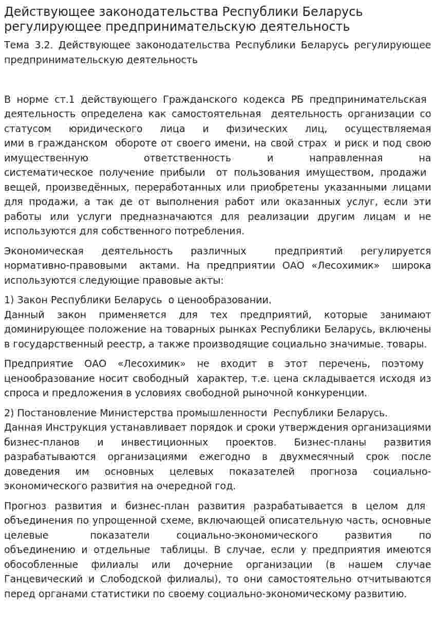 Действующее законодательства Республики Беларусь регулирующее предпринимательскую деятельность