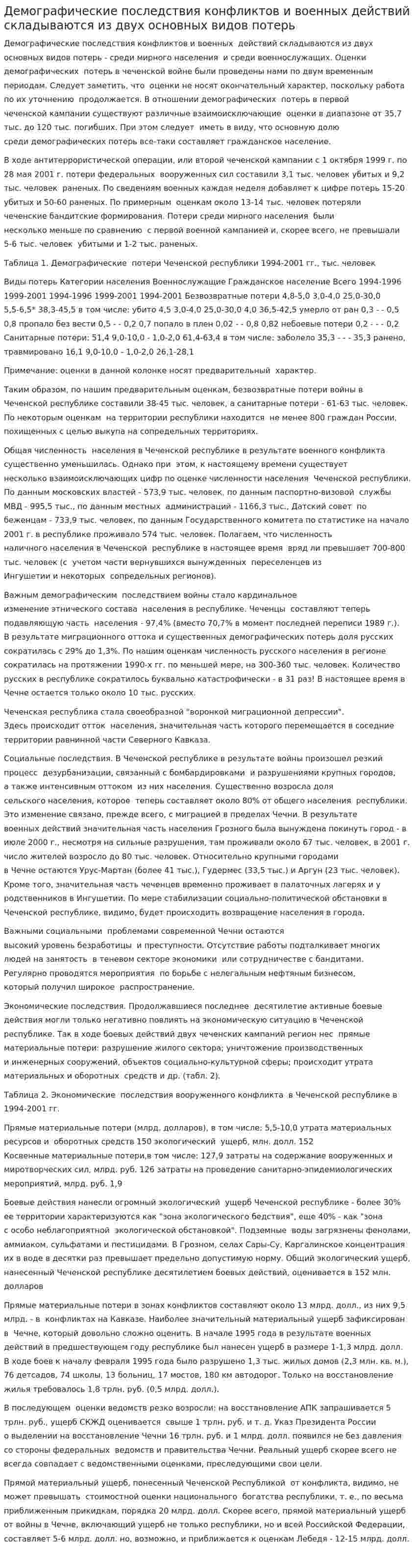 Демографические последствия конфликтов и военных действий складываются из двух основных видов потерь