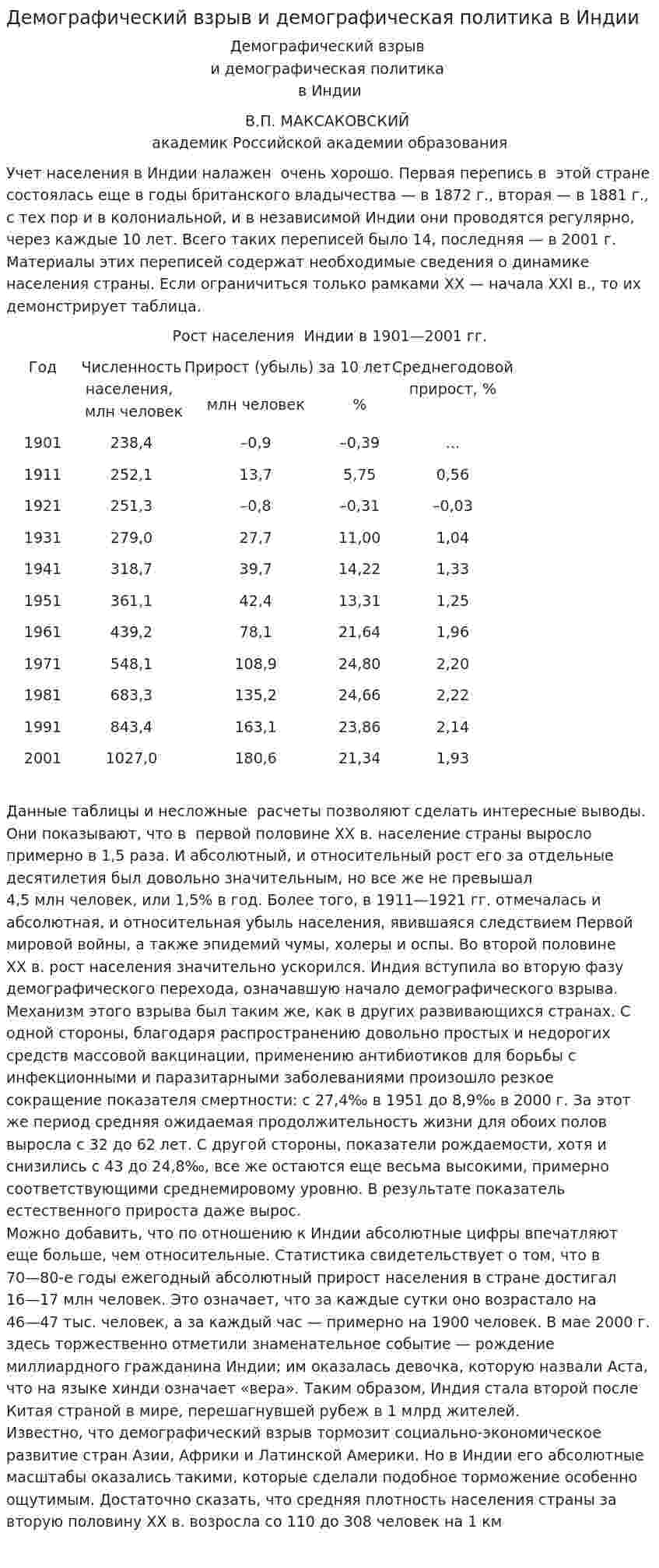 Демографический взрыв и демографическая политика в Индии