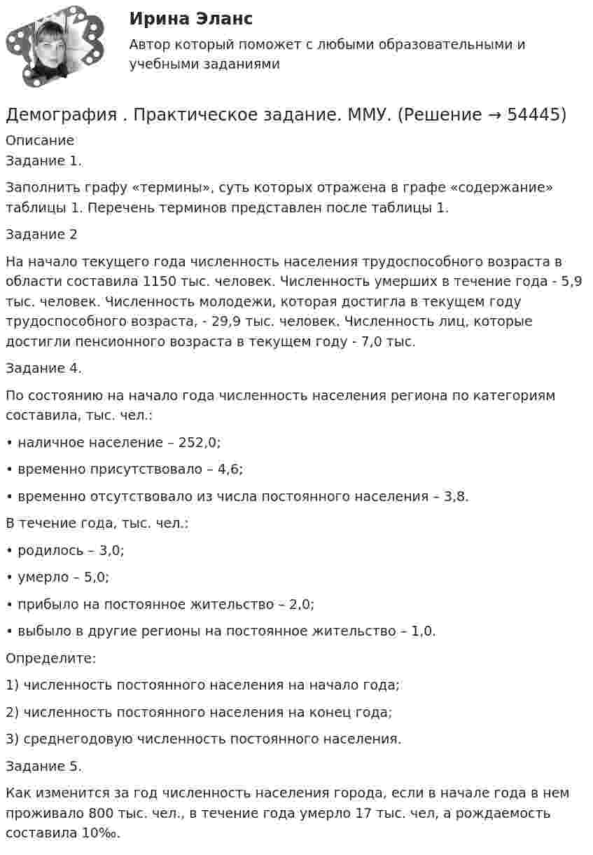      
            Описание
            Задание 1. 	Заполнить графу «термины», суть которых отражена в графе «содержание» таблицы 1. Перечень терминов представлен после таблицы 1.Задание 2На начало текущего года численность населения трудоспособного возраста в области составила 1150 тыс. человек. Численность умерших в течение года - 5,9 тыс. человек. Численность молодежи, которая достигла в текущем году трудоспособного возраста, - 29,9 тыс. человек. Численность лиц, которые достигли пенсионного возраста в текущем году - 7,0 тыс. Задание 4.  	По состоянию на начало года численность населения региона по категориям составила, тыс. чел.:	• наличное население – 252,0;	• временно присутствовало – 4,6;	• временно отсутствовало из числа постоянного населения – 3,8.	В течение года, тыс. чел.:	• родилось – 3,0;	• умерло – 5,0;	• прибыло на постоянное жительство – 2,0;	• выбыло в другие регионы на постоянное жительство – 1,0.	Определите:	1) численность постоянного населения на начало года;	2) численность постоянного населения на конец года;	3) среднегодовую численность постоянного населения. Задание 5.  	Как изменится за год численность населения города, если в начале года в нем проживало 800 тыс. чел., в течение года умерло 17 тыс. чел, а рождаемость составила 10‰.  
            
            
            Демография ММУ 2023г.Демография . Практическое задание. ММУ.Денежная единица страны, используемая в международных финансовых  расчетах, – это национальная …Денежная и кредитная системы.денежный рынокДенежная реформа, деноминация, девальвация иные методы регулирования денежного обращения. Эмиссия, условия и порядок ее осуществленияДенежная сумма, которую страховщик должен выплатить страхователю, пожелавшему по какой-либо причине расторгнуть договор страхования жизни, – это …Денежное выражение стоимости минимально необходимых предприятию средств – это …💯 Демография и миграционная политика [Занятие] (ответы на тест Синергия / МОИ / МТИ / МосАП, декабрь 2023)💯 Демография и миграционная политика [Занятие] (ответы на тест Синергия / МОИ / МТИ / МосАП, октябрь 2023)Демография и миграционная политика (Ответы на тест Синергия/МОИ/ МТИ)Демография и миграционная политика (Ответы на тест Синергия/МОИ/ МТИ)💯 Демография и миграционная политика (правильные ответы на тест Синергия / МОИ / МТИ / МосАП)Демография и миграционная политика Синергия МТИ МОСАП Ответы на итоговый тестДемография и миграционная политика. Синергия. На 100 баллов!