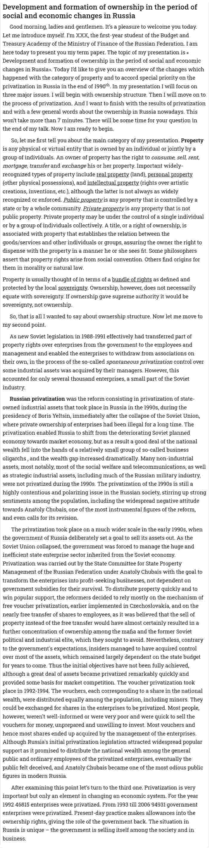 Development and formation of ownership in the period of social and economic changes in Russia