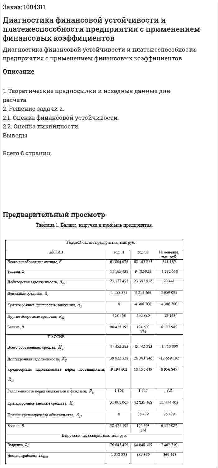 Диагностика финансовой устойчивости и платежеспособности предприятия с применением финансовых коэффициентов 