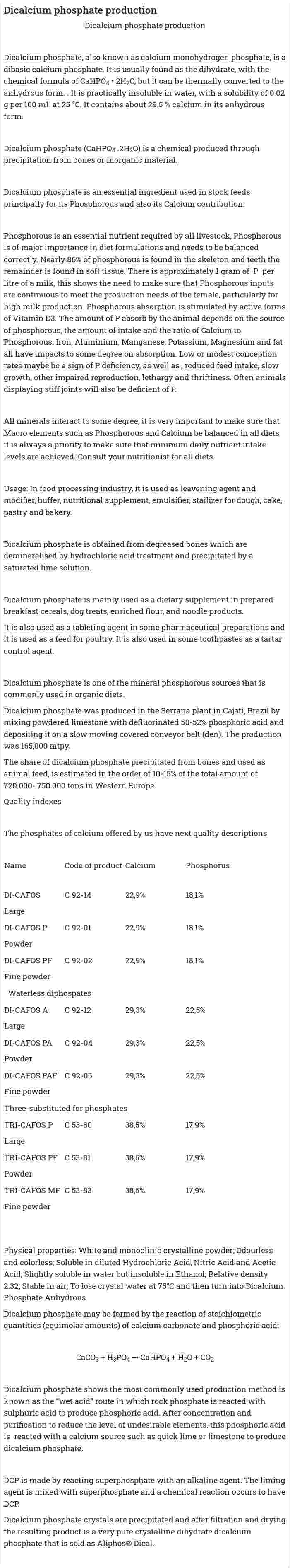 Dicalcium phosphate production