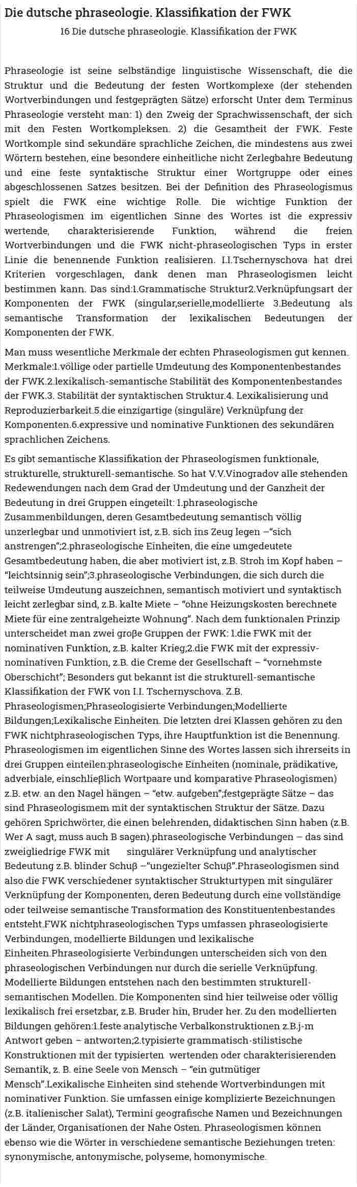Die dutsche phraseologie. Klassifikation der FWK