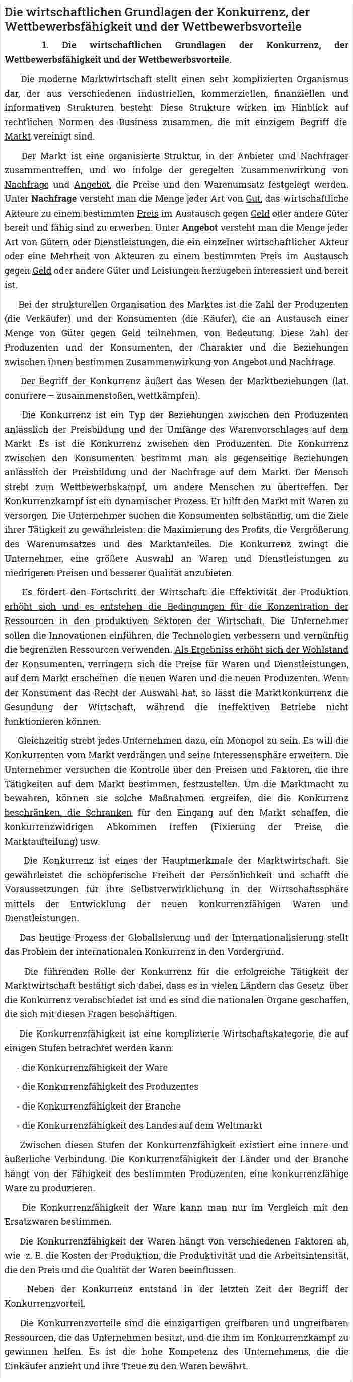 Die wirtschaftlichen Grundlagen der Konkurrenz, der Wettbewerbsfähigkeit und der Wettbewerbsvorteile