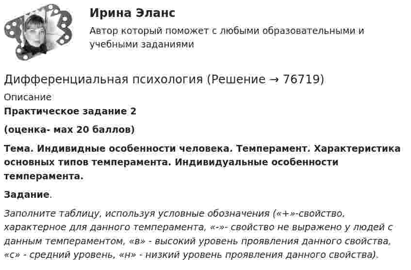     
            Описание
             Практическое задание 2 (оценка- мах 20 баллов) Тема. Индивидные особенности человека. Темперамент. Характеристика основных типов темперамента. Индивидуальные особенности темперамента. Задание. Заполните таблицу, используя условные обозначения («+»-свойство, характерное для данного темперамента, «-»- свойство не выражено у людей с данным темпераментом, «в» - высокий уровень проявления данного свойства, «с» - средний уровень, «н» - низкий уровень проявления данного свойства).   
            
            
            Дифференциальная психология Дифференциальная психология Дифференциальная психология (2023г.) тест с ответами Синергия/МОИ/ МТИ /МОСАПДифференциальная психология / 57 вопросов💯 Дифференциальная психология (все ответы на тест Синергия / МТИ / МосАП, декабрь 2022)💯 Дифференциальная психология (все ответы на тест Синергия / МТИ / МосАП, март 2023)ДИФФЕРЕНЦИАЛЬНАЯ ПСИХОЛОГИЯ  МФПУ СИНЕРГИЯДифференциальная психологияДифференциальная психологияДифференциальная психологияДифференциальная психологияДифференциальная психологияДифференциальная психологияДифференциальная психология 