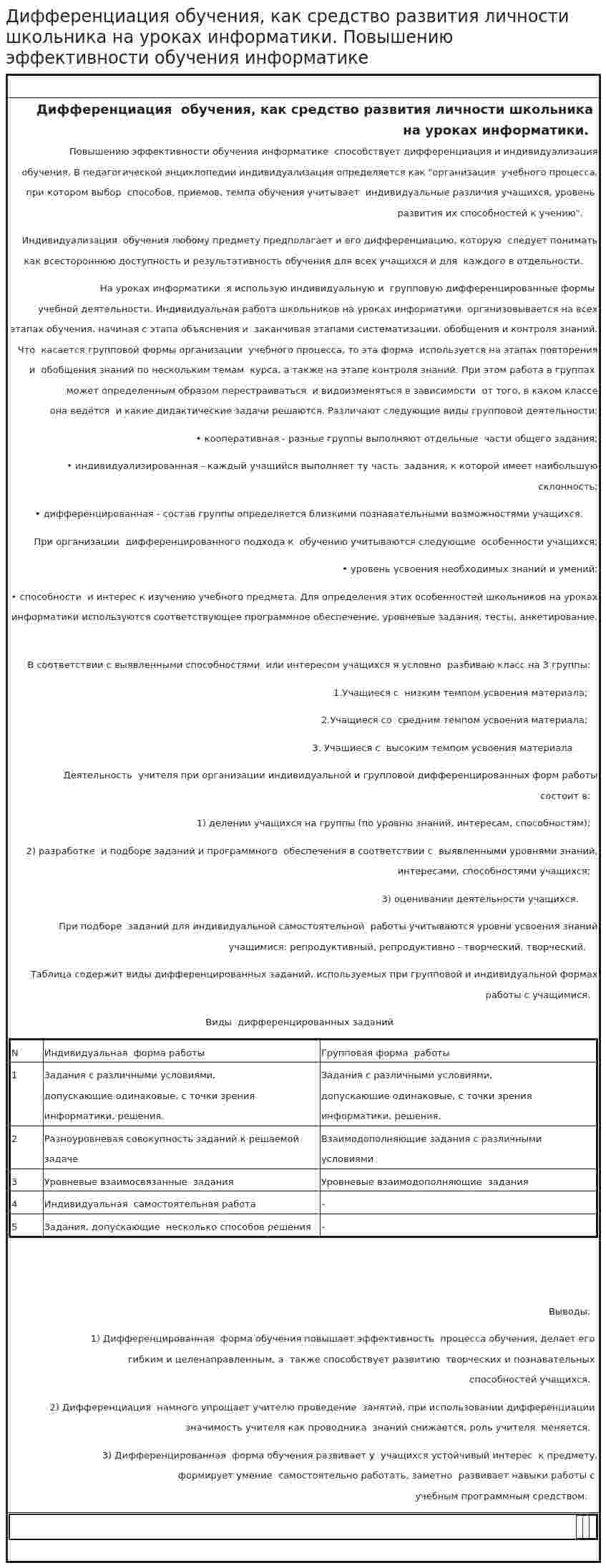 Дифференциация обучения, как средство развития личности школьника на уроках информатики. Повышению эффективности обучения информатике