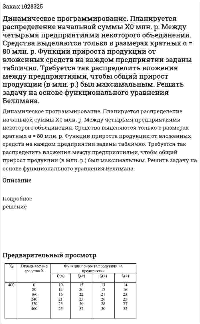 Динамическое программирование. Планируется распределение начальной суммы  X0 млн. р. Между четырьмя предприятиями некоторого объединения. Средства выделяются только в размерах кратных α = 80 млн. р. Функции прироста продукции от вложенных средств на каждом предприятии заданы таблично. Требуется так распределить вложения между предприятиями, чтобы общий прирост продукции (в млн. р.) был максимальным. Решить задачу на основе функционального уравнения Беллмана.  