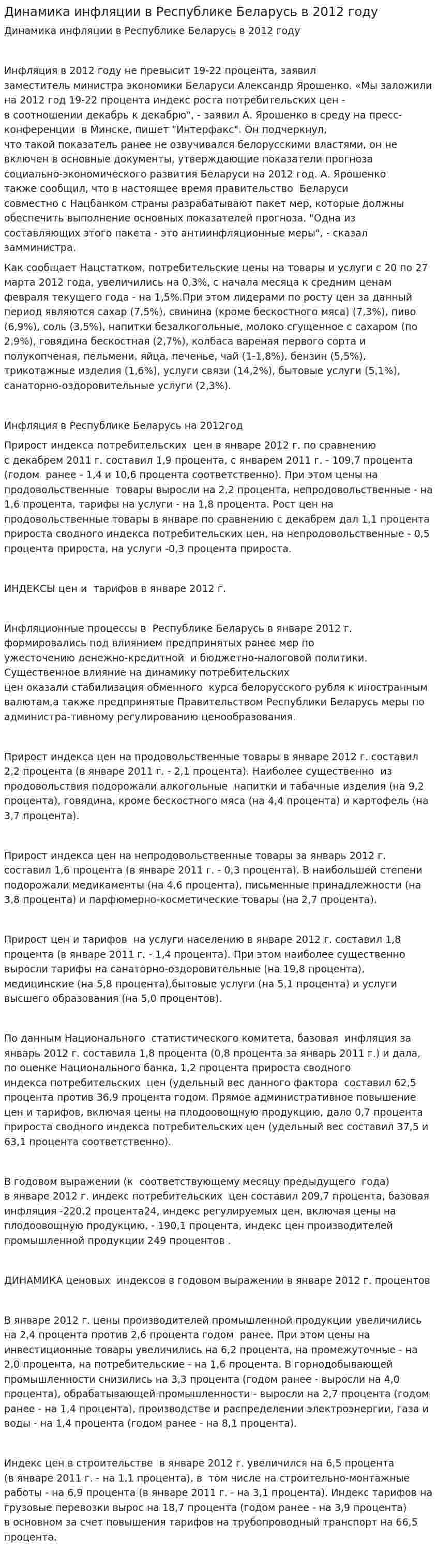 Динамика инфляции в Республике Беларусь в 2012 году