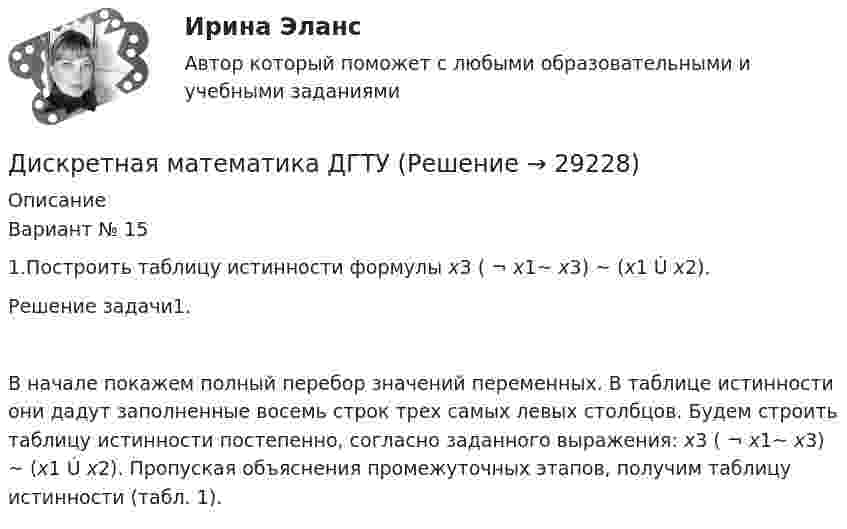      
          Описание
          	Вариант № 151.Построить таблицу истинности формулы x3 ( ¬ x1~ x3) ~ (x1 Ú x2).Решение задачи1.В начале покажем полный перебор значений переменных. В таблице истинности они дадут заполненные восемь строк трех самых левых столбцов. Будем строить таблицу истинности постепенно, согласно заданного выражения:    x3 ( ¬ x1~ x3) ~ (x1 Ú x2). Пропуская объяснения промежуточных этапов, получим таблицу истинности (табл. 1).  
            
            
            ⭐ Дискретная математика (все ответы на тест Синергия / МТИ / МосАП, декабрь 2022)Дискретная математика ДГТУДискретная математика ДГТУДискретная математика для студентов заочного обучения - ИРНИТУДискретная математика и теория вероятностейДискретная математика КР№ 1 (1 семестр ТУСУР)Дискретная математика КР№ 2 (1 семестр ТУСУР)⭐ Дискретная математика [без тем] (все ответы на тест Синергия / МТИ / МосАП, февраль 2023)💯 Дискретная математика [без тем] (ответы на тест Синергия / МОИ / МТИ / МосАП, декабрь 2023)💯 Дискретная математика [без тем] (ответы на тест Синергия / МОИ / МТИ / МосАП, октябрь 2023)💯 Дискретная математика [без тем] (ответы на тест Синергия / МОИ / МТИ / МосАП, январь 2024)Дискретная математика Вариант 1Дискретная математика Витте рейтинговая работа 1 вариантДискретная математика Витте рейтинговая работа 2 вариант