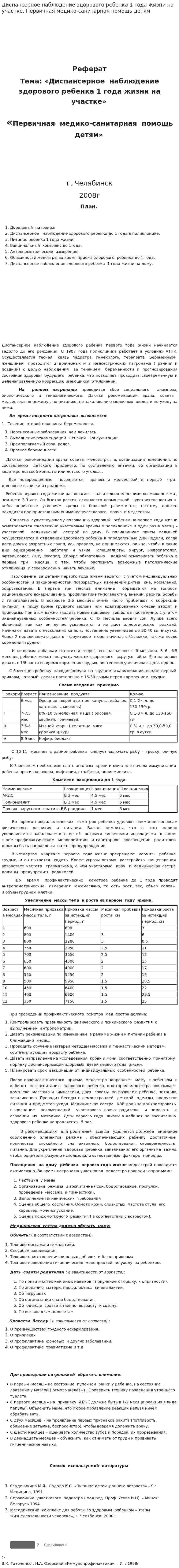 Диспансерное наблюдение здорового ребенка 1 года жизни на участке. Первичная медико-санитарная помощь детям