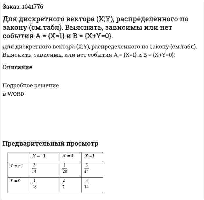 Для дискретного вектора (X;Y), распределенного по закону (см.табл).  Выяснить, зависимы или нет события A = {X=1}  и В = {Х+Y=0}. 